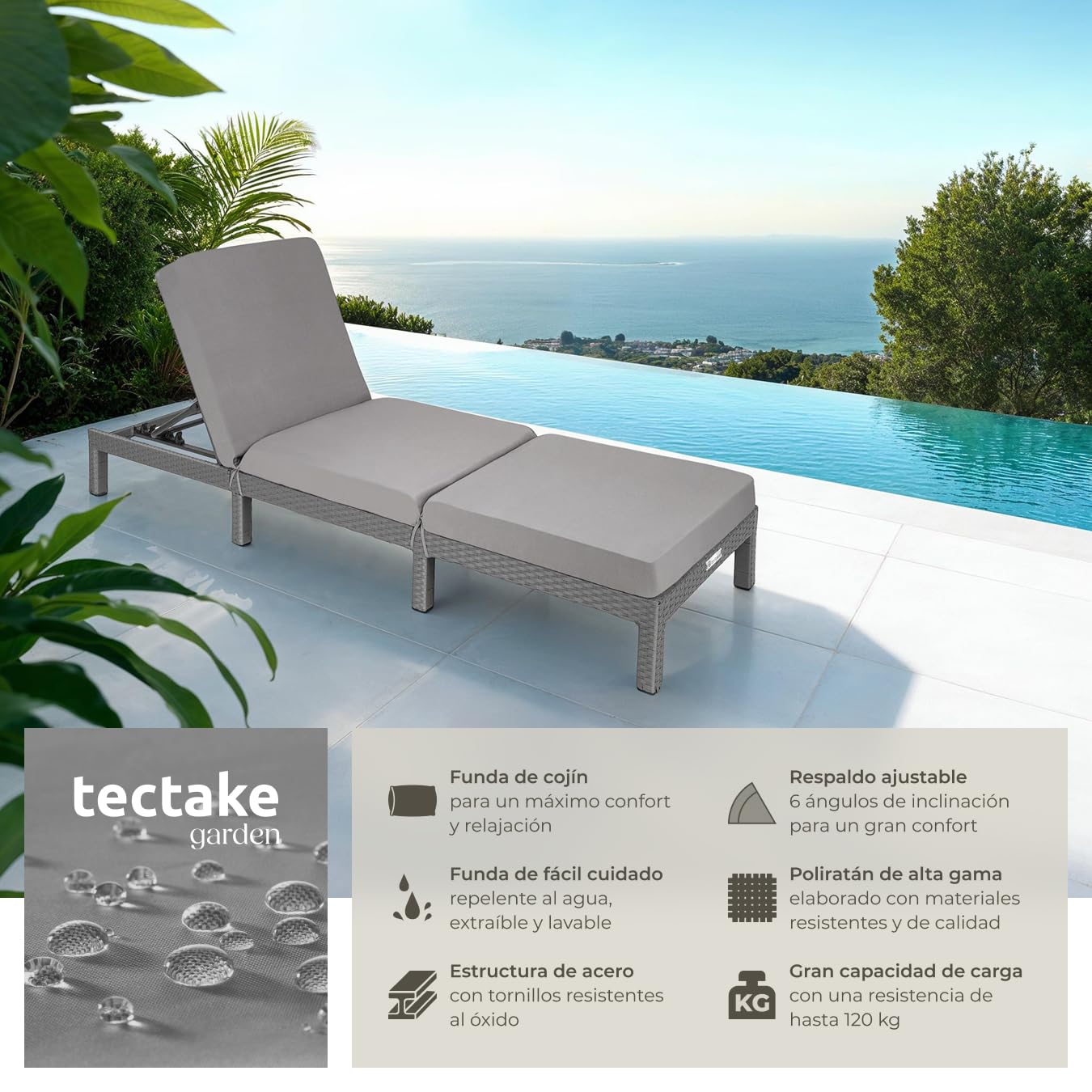 tectake® Tumbona Jardín Exterior de Ratán y Acero con Cojines, Tumbona de Piscina con Respaldo Regulable en 6 Posiciones, Tumbona de Playa Estable y Resistente a Intemperie, Fácil Limpieza - Gris