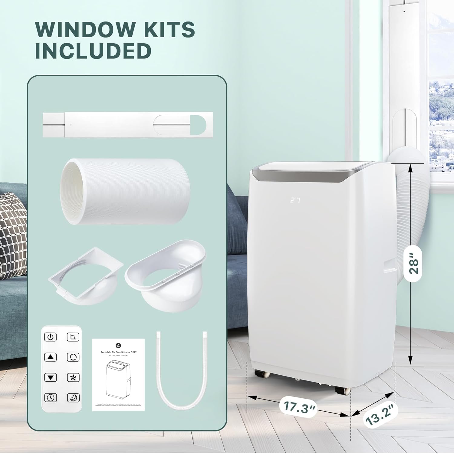 Included window kits and accessories for TROPOW Portable Air Conditioner, showing the unit, remote, exhaust hose, and window panel components.