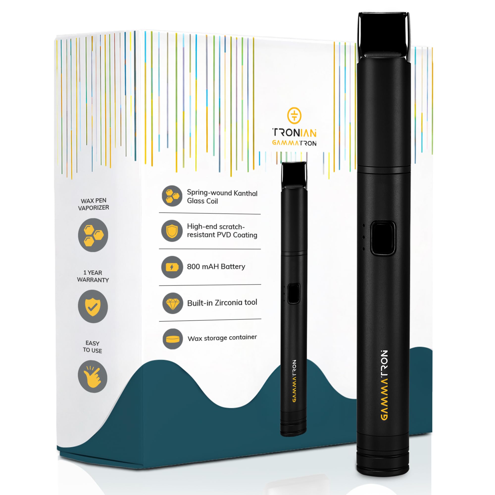 Gammatron Dab Pen | Wax Pen mit Kanthal-Glasspule | Integriertes Zirkonoxid Dab Tool & Wax Behälter | 3 Spannungsstufen (2,7-3,3 V) | 800-mAh | PVD-Beschichtung | USB-C (Schwarz)