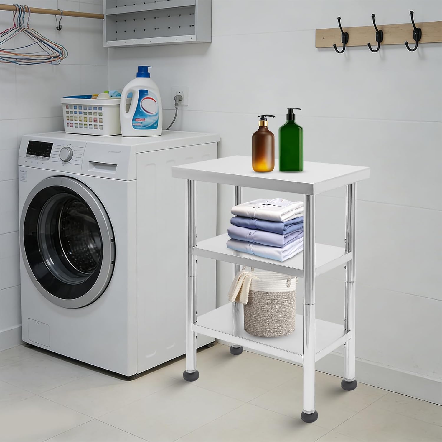 3-Tier Stainless Steel Table for Prep & Work 15" L x 24" W x 35" H Commercial Work Table with Adjustable Under Shelves 4 Casters 305+195LBS Load Capacity Kitchen Prep Worktable for Restaurant Home