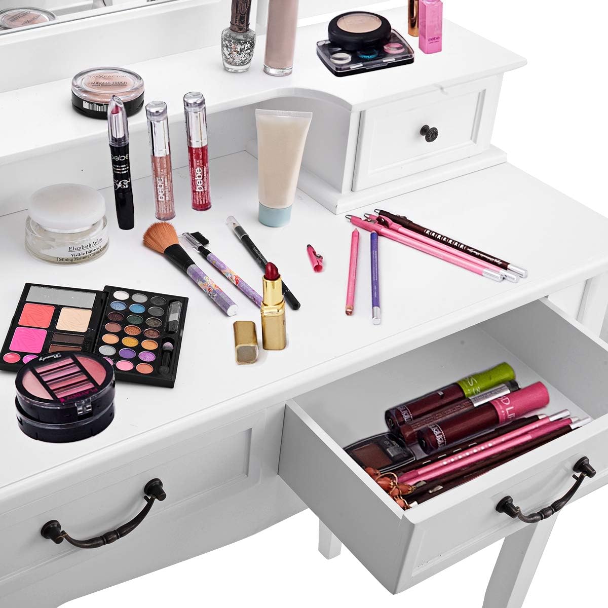 CHARMAID Vanity Set with Tri-Folding Mirror and 4 Drawers, Makeup Dressing Table with Cushioned Stool, Makeup Vanity Set for Women Girls Bedroom, Makeup Table and Stool Set (White)