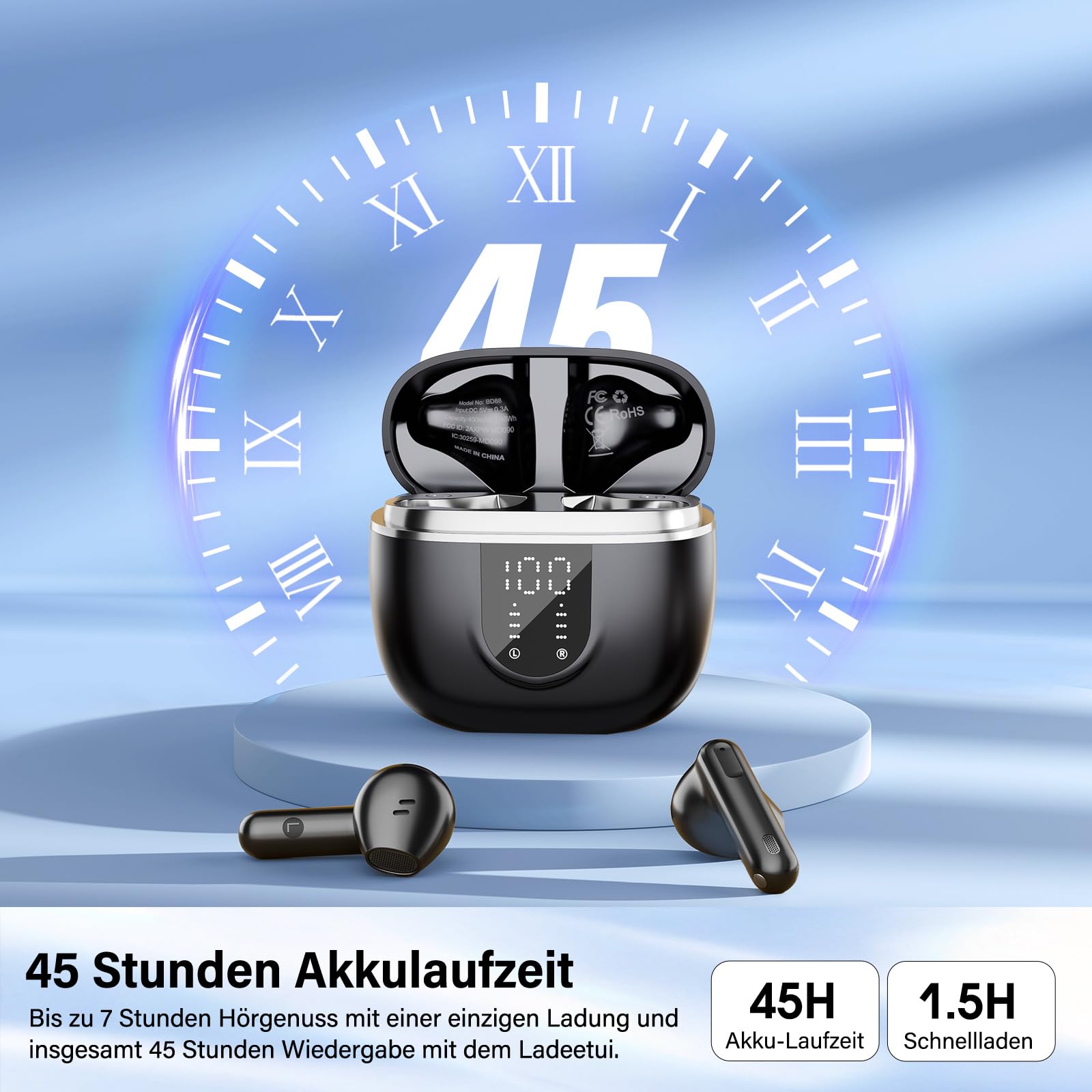 Bluetooth Kopfhörer, Kopfhörer Kabellos Bluetooth 5.4, Hi-Fi Sound in-Ear-Kopfhörer mit ENC Noise Cancelling, 45 Std Spielzeit, LED Anzeige, IP7 Wasserdicht Ohrhörer für Arbeit und Studium, Schwarz