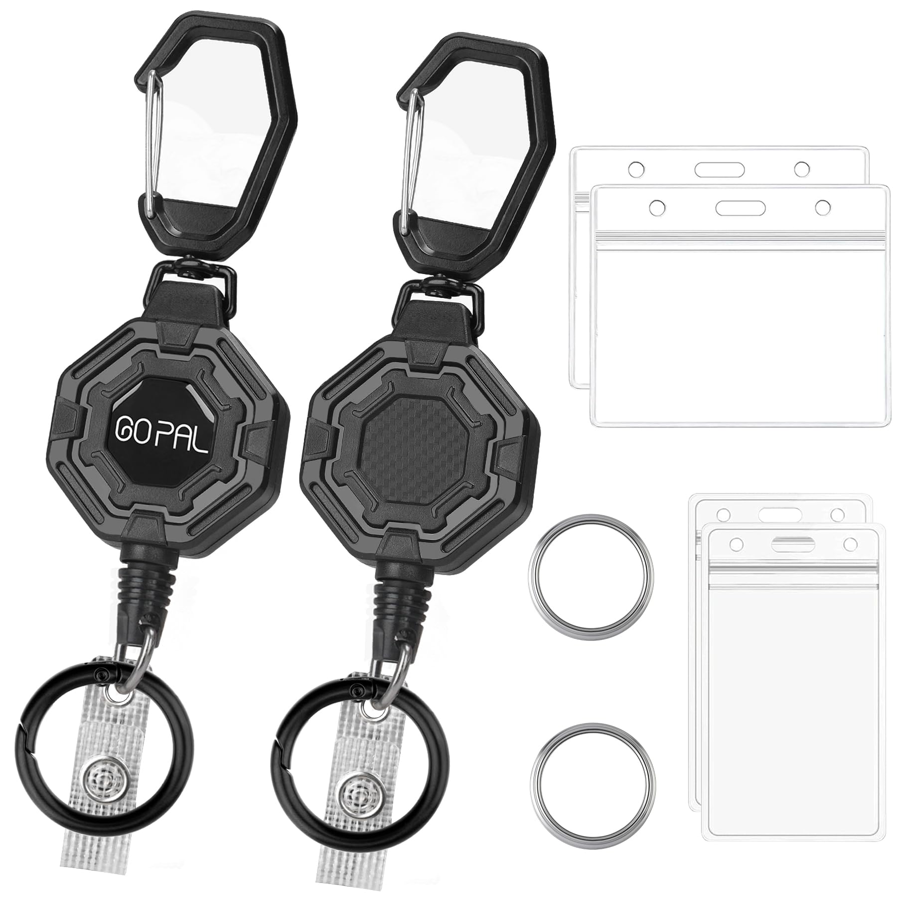 2Pack Badge Holder Retractable Keychain: 4 Id Card Holders - Tactical Badge Reel Heavy Duty with Big Clip & 32" Steel Cord for Security, Office,