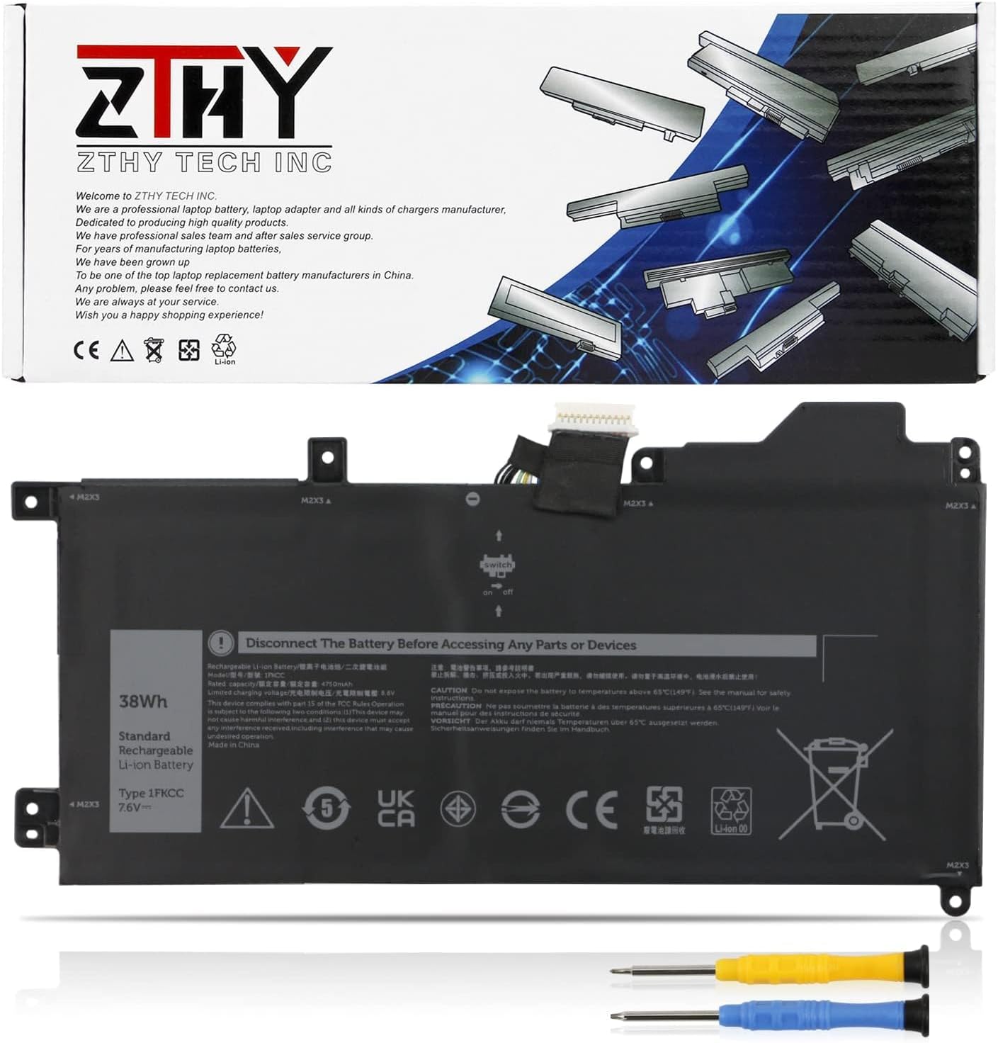 1FKCC Laptop Battery Replacement for Dell Latitude 7200 7210 2-in-1 Series Notebook T04J T04J001 T04J002 T5H6P 09NTKM 9NTKM 0D9J00 D9J00 0KWWW4 KWWW4 7.6V 38Wh 4750mAh