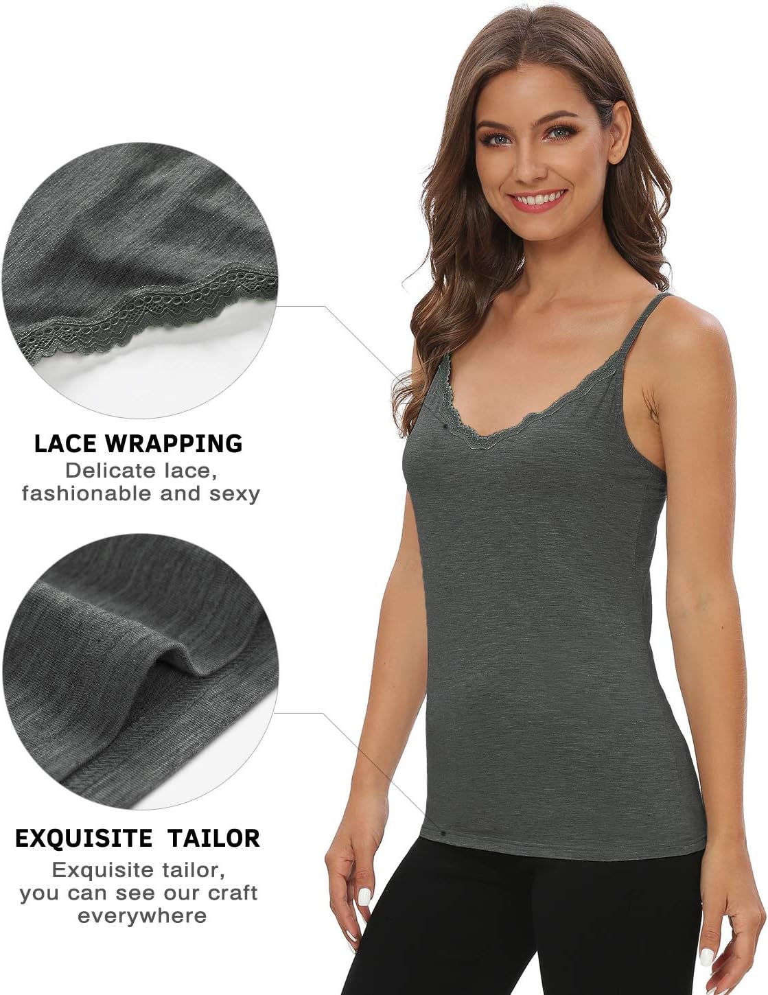 Vislivin Plain Camisole for Women Lace Tank Tops V Neck Adjustable Cami Sexy Undershirts 4 Pack - Image 2