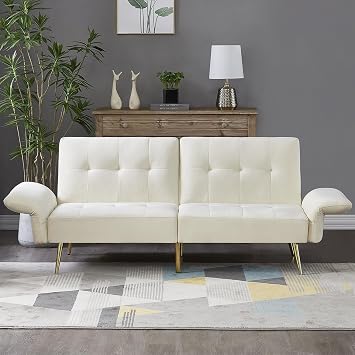 78" Velvet Futon Sofa Bed, Modern Convertible Sleeper Couch Bed with Folded Armrests, Side Pokets, Velvet 2-Seat Futon Sofa, Memory Foam Loveseat for Living Room Small Space Studio Apartment Beige