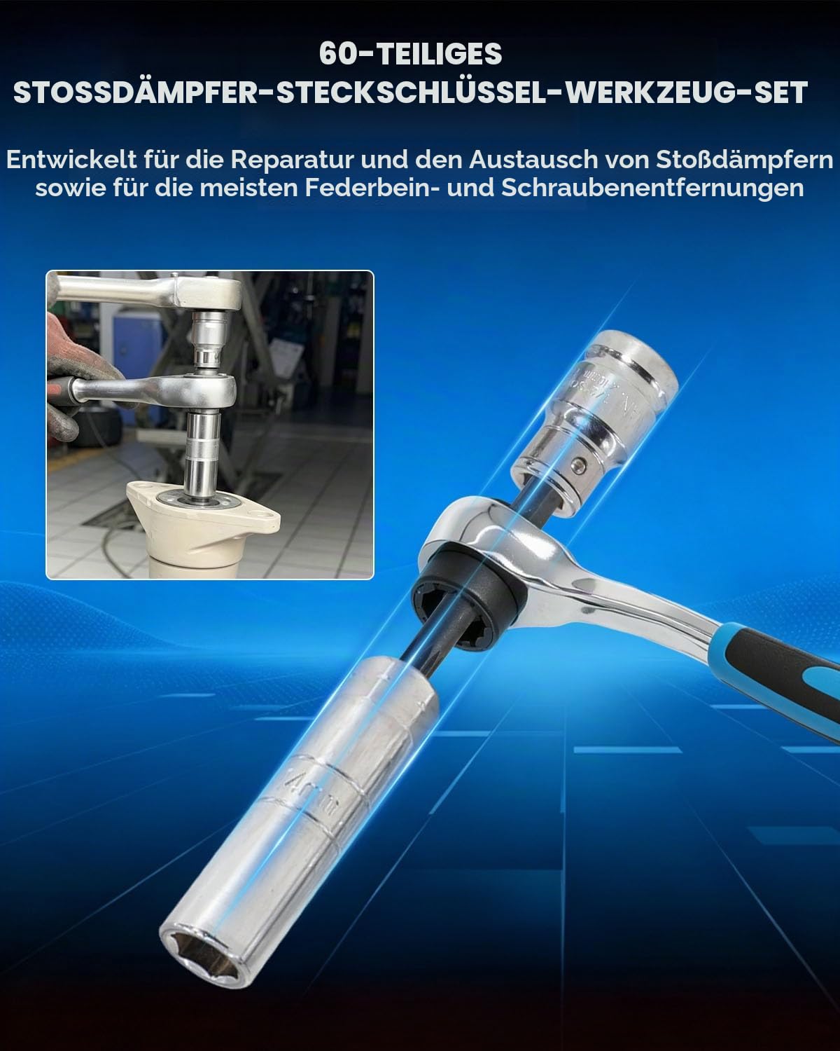 Stoßdämpfer-Strebenmutter-Entferner, feststehendes Set, Lenknabe, Federbeinspreizer, Demontagebuchse mit Ratschenadaptern, 60-teiliges Stoßdämpfer-Werkzeug