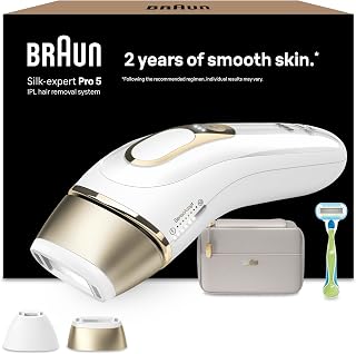 Braun IPL Silk Expert Pro 5, Visible Permanent Hair Removal for Women & Men with Venus Razor and Precision Head, Premium Pouch, Alternative for Laser Hair Removal, PL5124, White/Gold