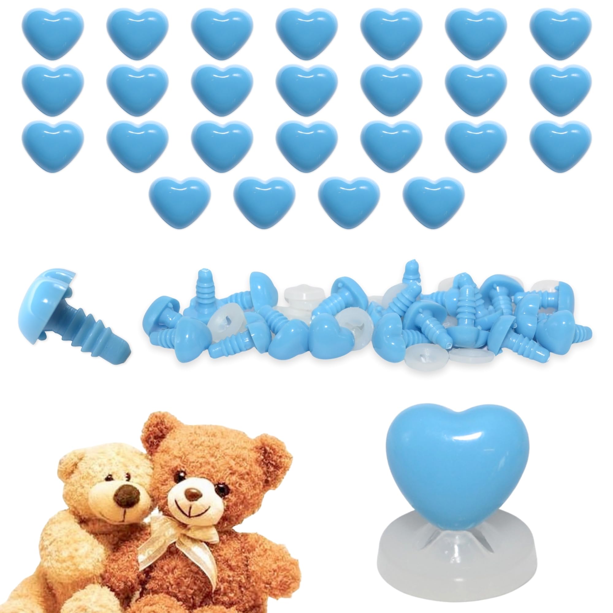 celloexpress 12mm x 11mm Deep Sky Blue Heart Noses with Plastic Backs - Safety Noses for Soft Toy Teddy Bear Animal Making (Pack of 25)