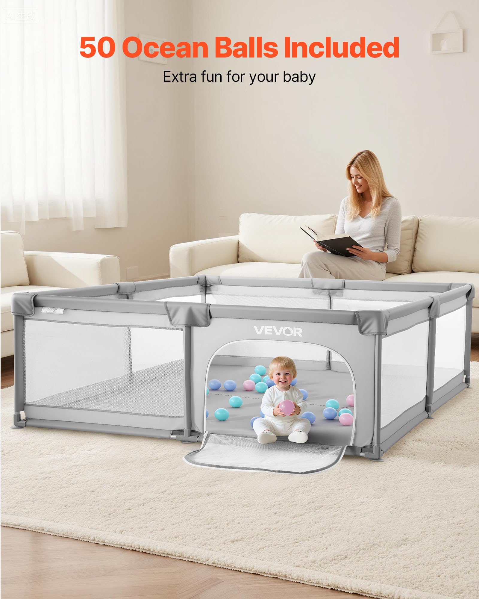 VEVOR Recinto per Bambini, 2000 x 1785 mm per Neonati, Recinto da Interno Esterno, Centro Attività di Sicurezza Senza Fessure con 50 Palline Oceaniche, Porta con Cerniera e Morbida Rete Traspirante