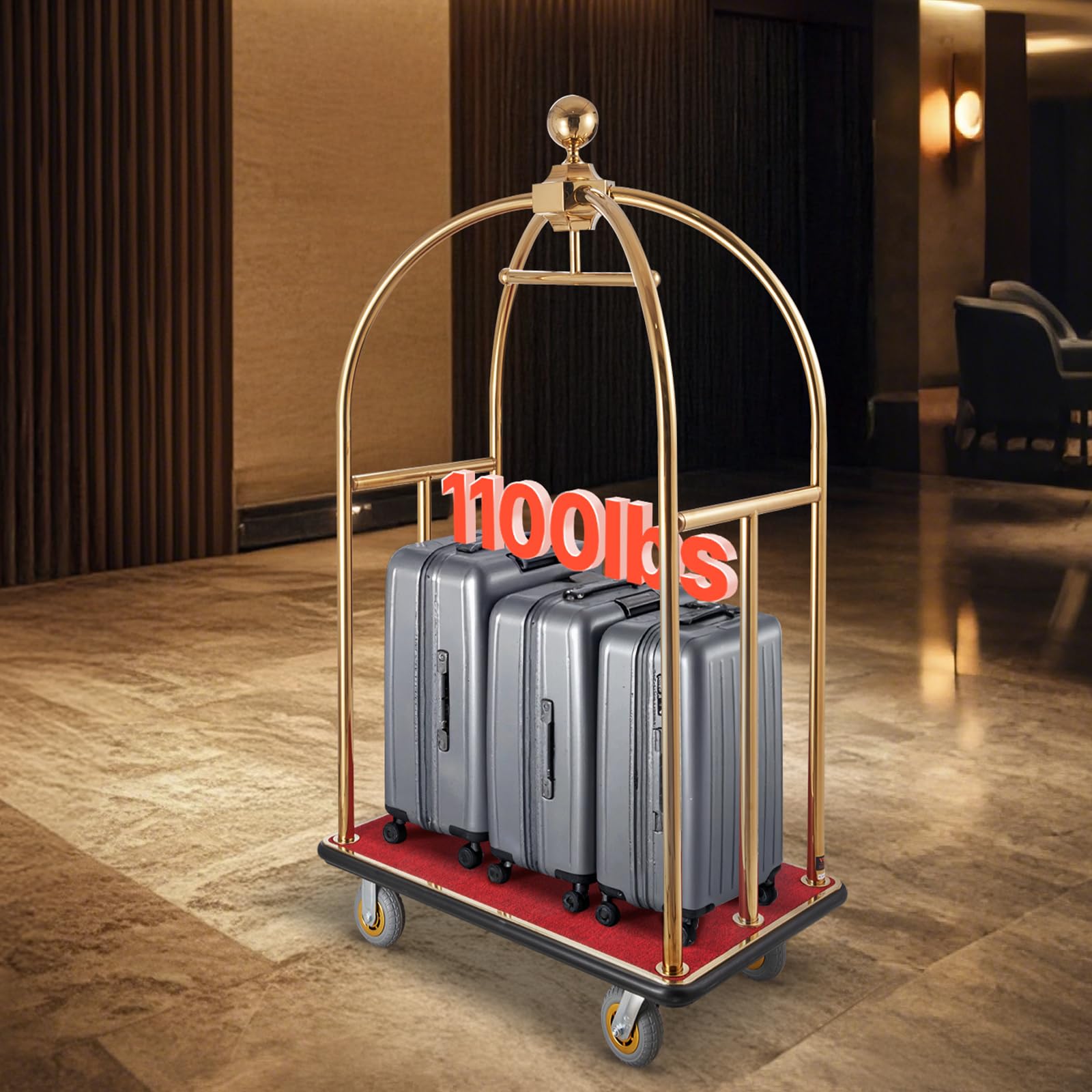 VEVOR Chariot à Bagages Hôtel, 500 kg, Chariot Porte-bagages Concierge Finition Inox Brossé, Montants Incurvés, avec Moquette Rouge, Roues Caoutchouc 15,24 cm, pour Hôtels, Condos, Complexes Hôteliers