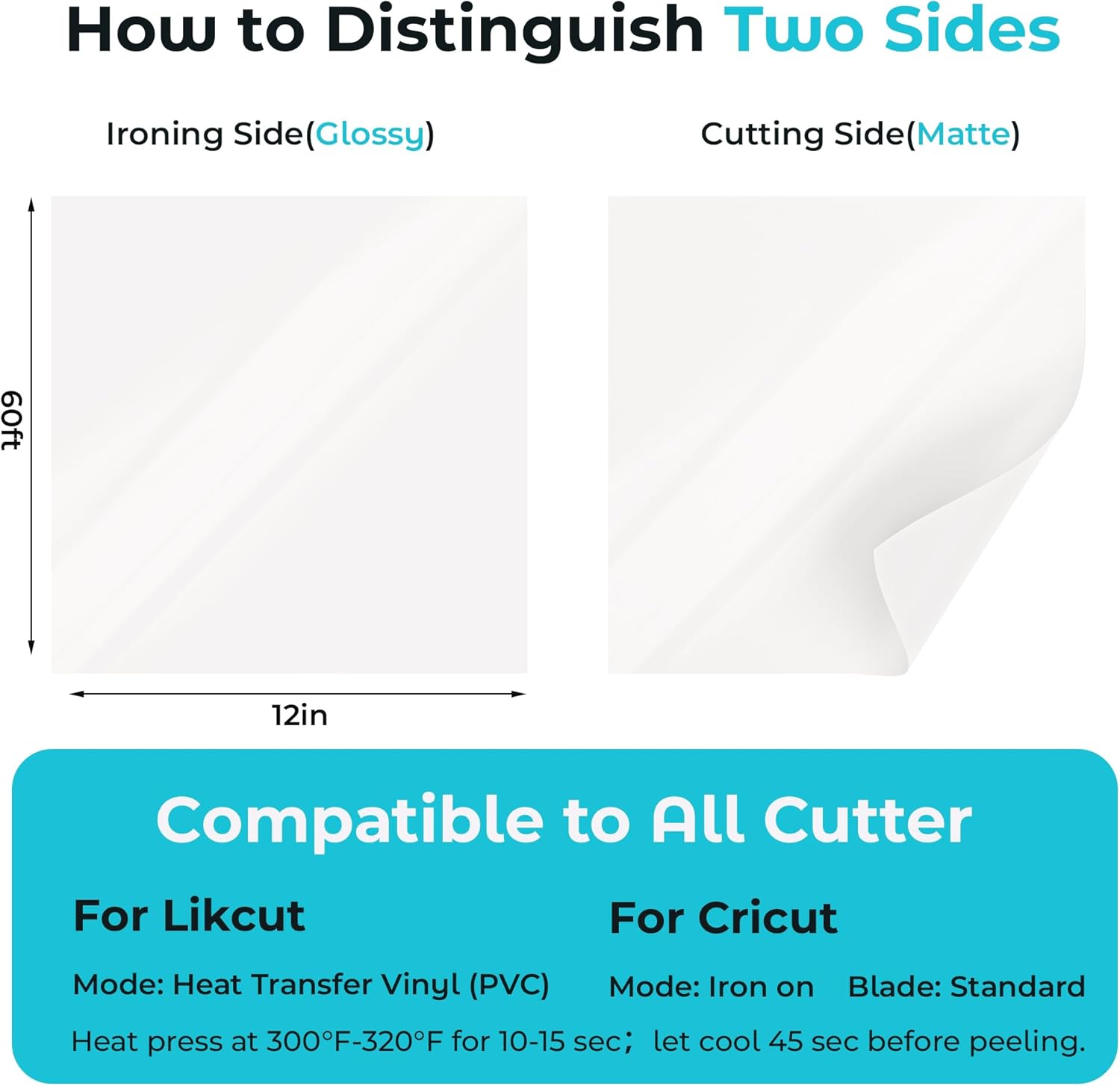 Likcut Heat Transfer Vinyl White for T-Shirts 12" x 60ft Iron on Vinyl Roll Compatible with Likcut All Cutter Machine, HTV Heat Press Vinyl-Easy to Cut & Weed for Fabric Design