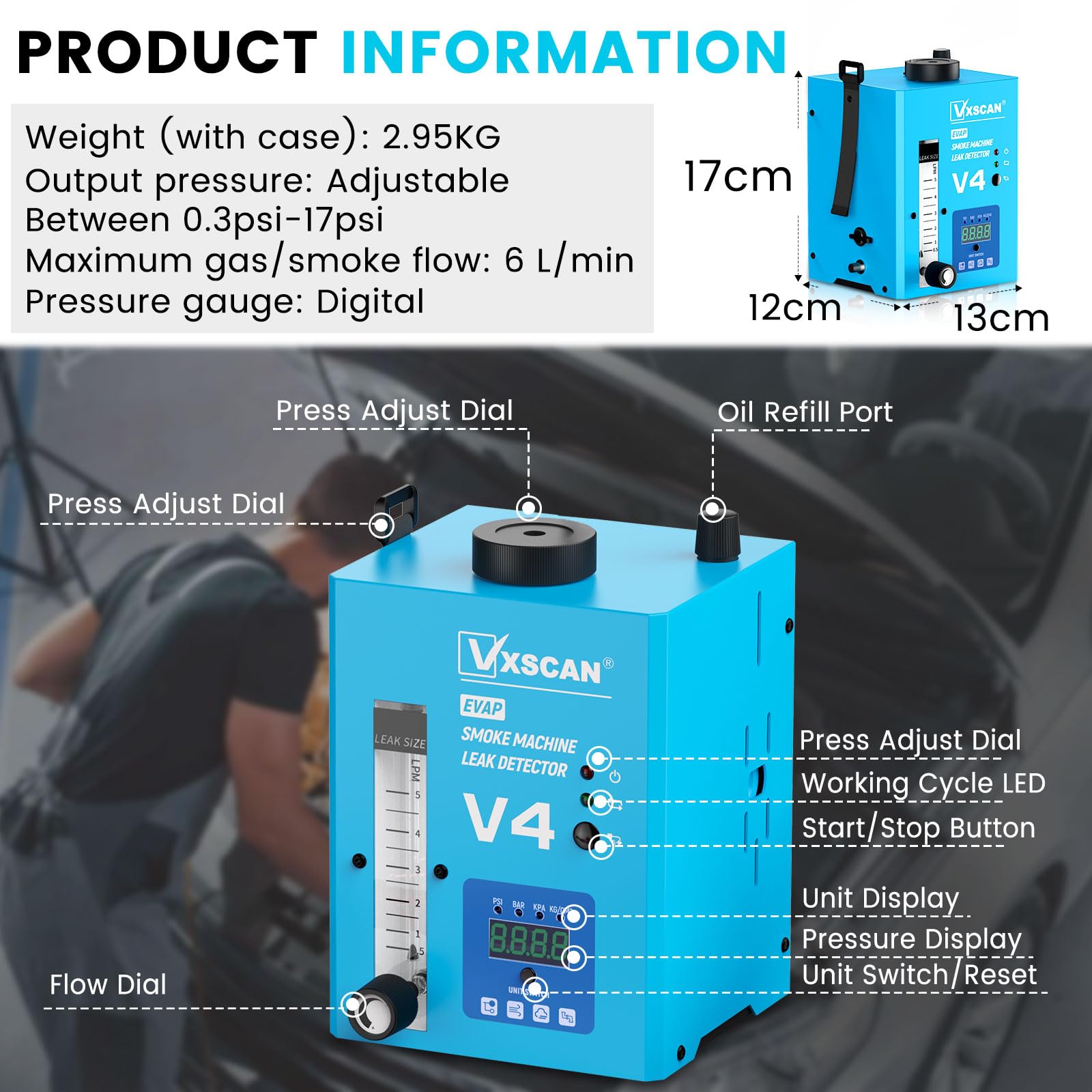 12V Máquina de Humo Coche Máquina De Humo EVAP Maquina de Humo para Coche con Manómetro Digital y Caudalímetro de Aire Detector Fugas Humo Coche Apto para Coches Motos Camiones Barcos y ATVs