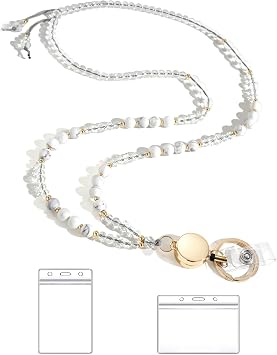 BettDecor Lanyards for ID Badges and Keys,Natural Stone Beaded Teacher Lanyard for Women,Retractable Lanyard with ID Holder Cute Lanyards for Teacherswhite