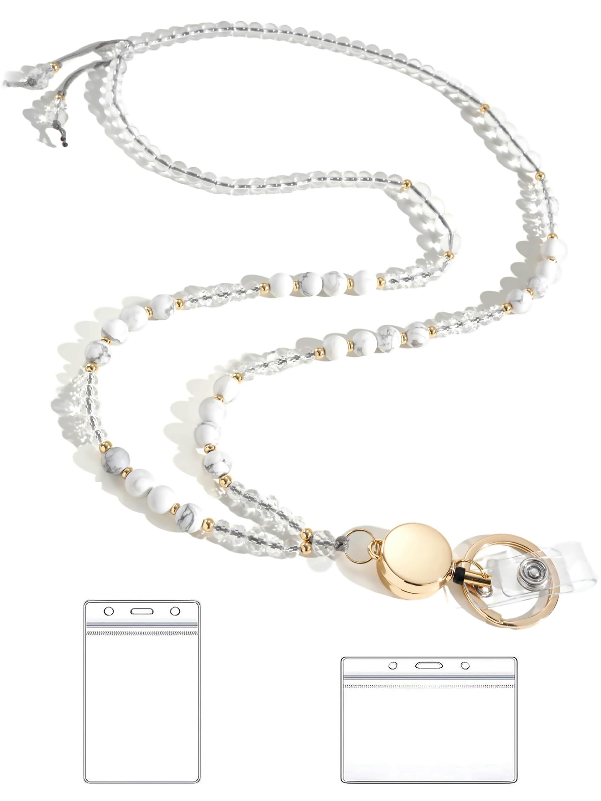 BettDecor Lanyards for ID Badges and Keys,Natural Stone Beaded Teacher Lanyard for Women,Retractable Lanyard with ID Holder Cute Lanyards for Teachers