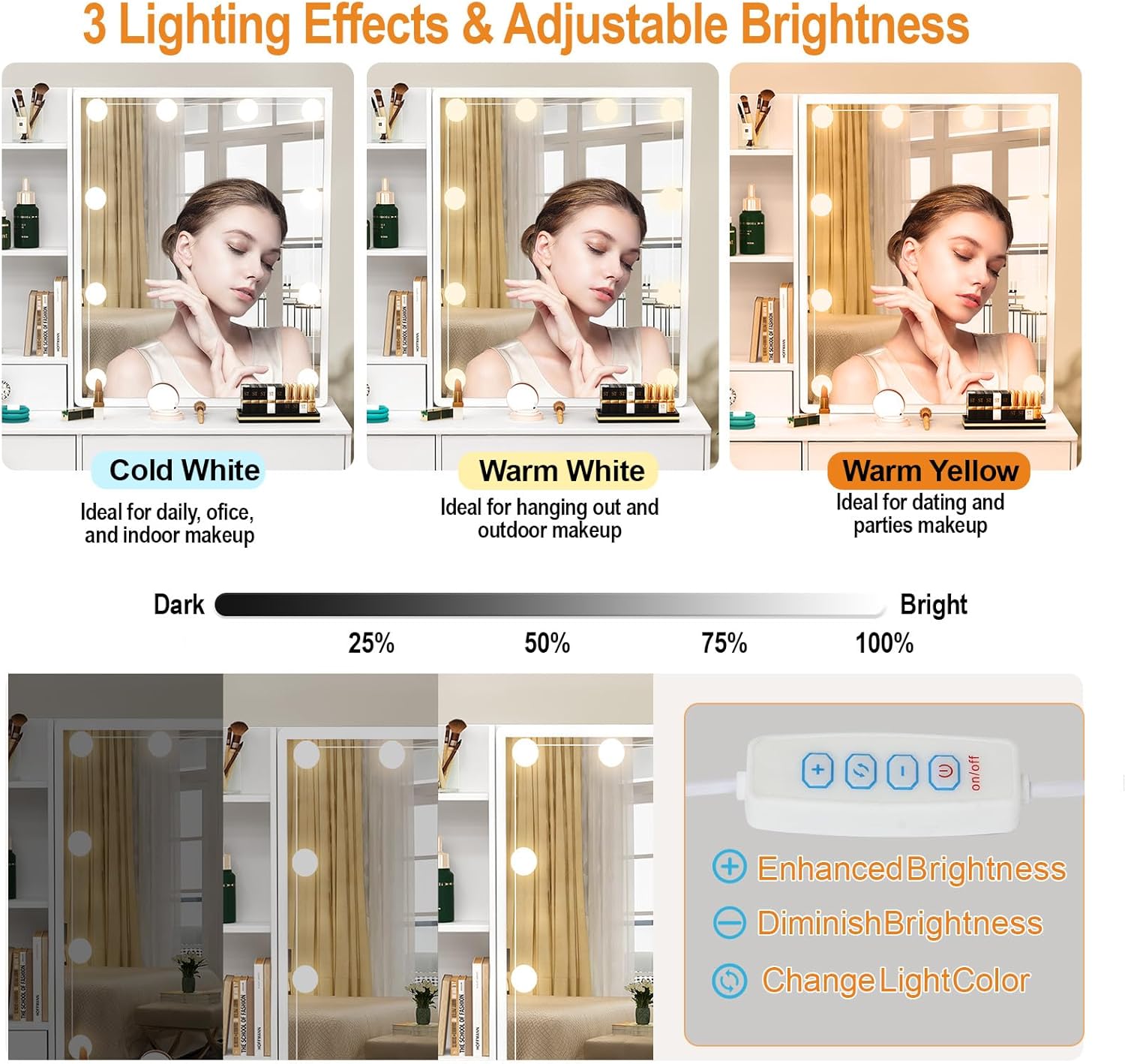 Vanity Desk with Sliding Mirror and Lights, White Vanity Desk with Lighted Mirror, 3-Color Adjustable Brightness Lights, USB Port, Drawers, Small Vanity Set with Stool for Bedroom, Girls & Women