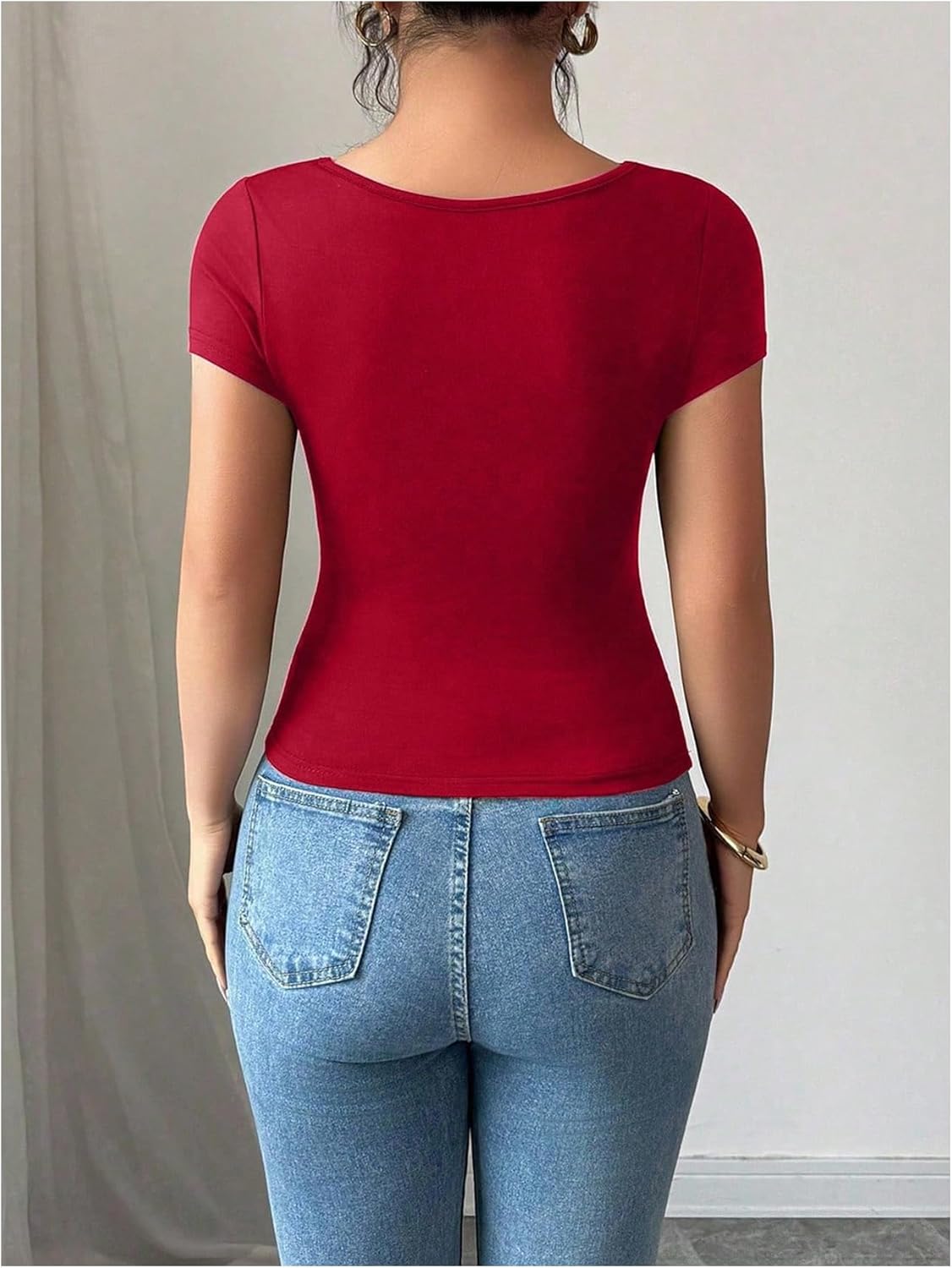 WDIRARA Women's Square Neck Short Sleeve T Shirts Scalloped Trim Ruched Tee Fitted Tops - Image 2