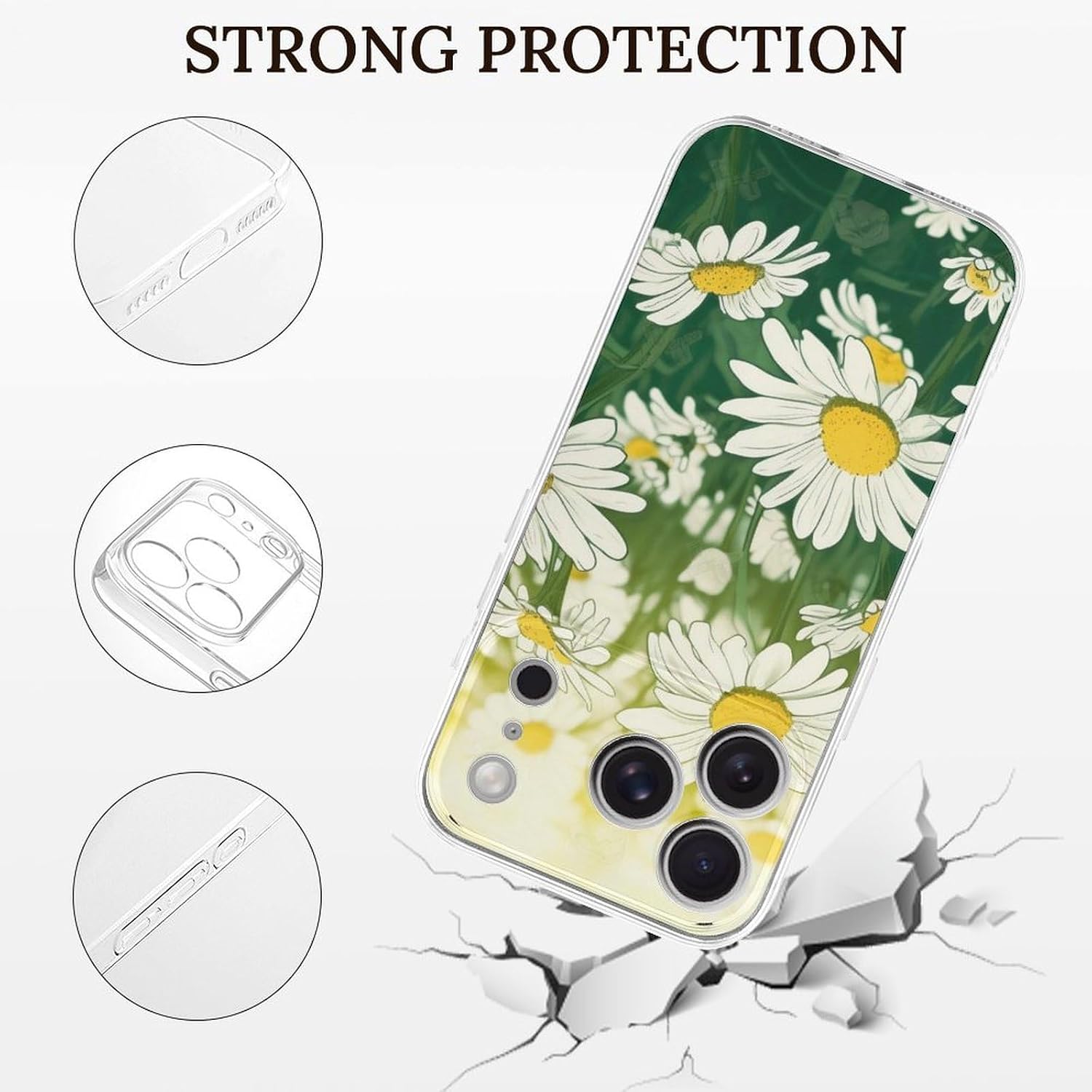 Clear Phone Case for iPhone 17 Pro Case, Summer Floral Daisies Flower Prints Shockproof TPU Cell Cover with Wireless Charging, Anti-Yellowing, Transparent image 2