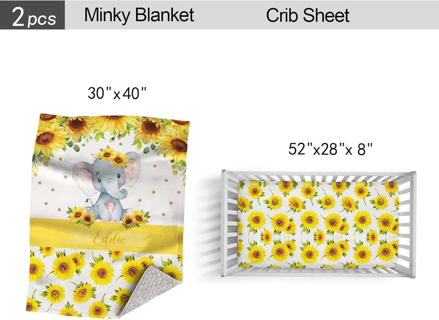 Personalized Baby Bedding Set, Custom Name Crib Comforter, Sunflower Elephant Nursery Bedding, 2 Piece Set with Fitted Sheet