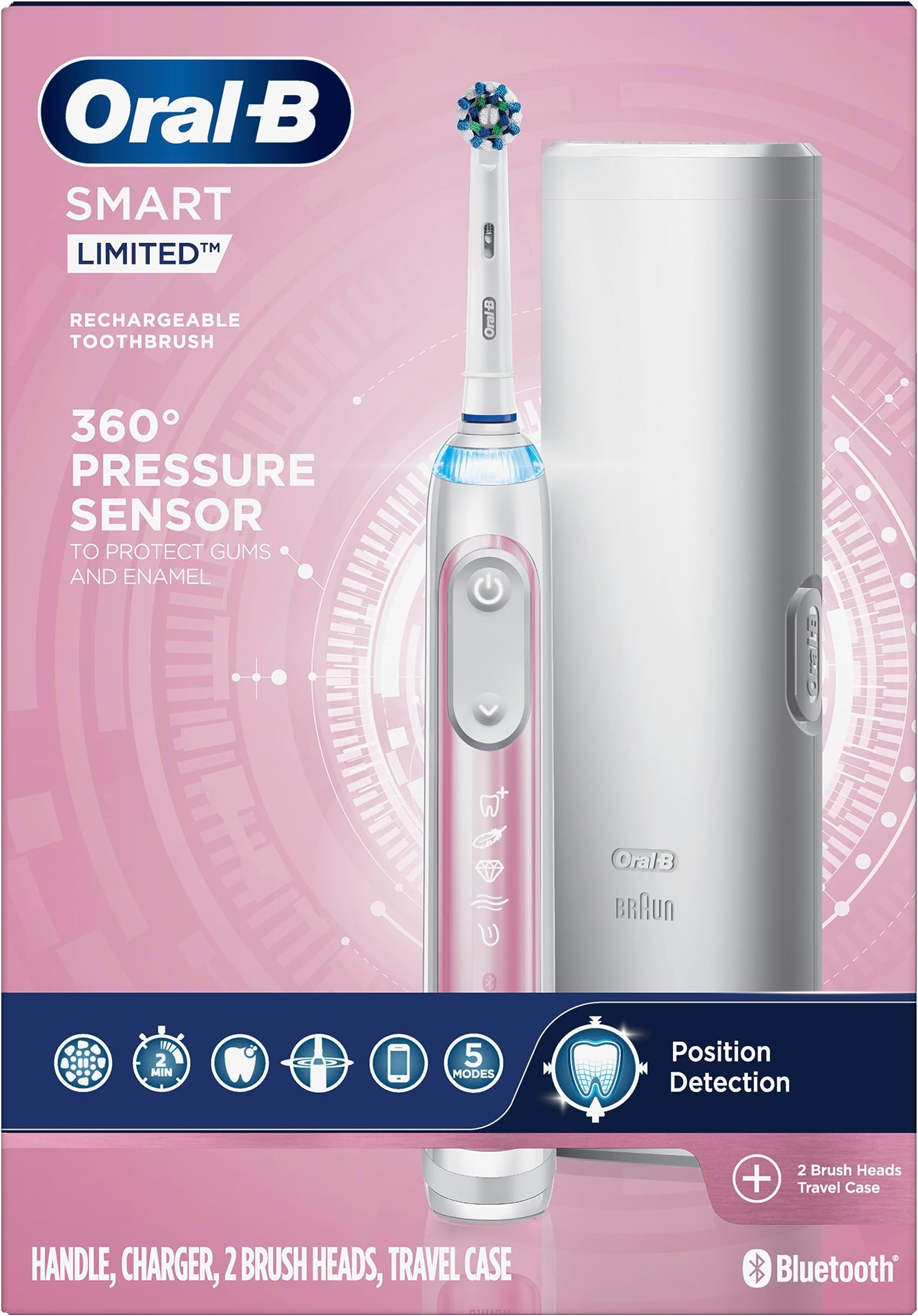 Oral-B Smart Limited Rechargeable Electric Powered Toothbrush, Pink with 2 Brush Heads and Travel Case - Visible Pressure Sensor to Protect Gums – 6 Brushing Modes - 2 Minute Timer