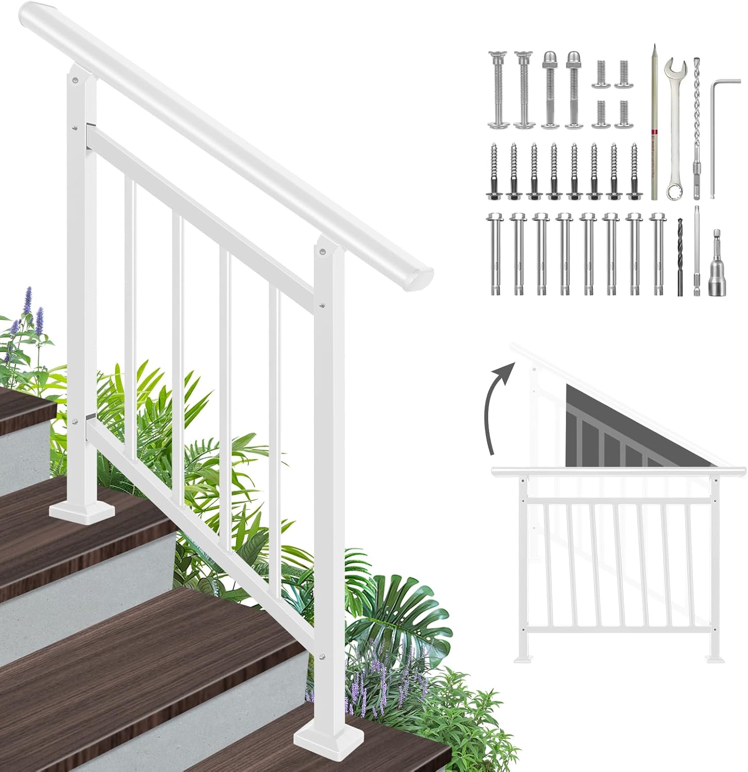 Adjustable Handrails for Outdoor Steps – White Metal Stair Railing with Installation Kit, 3 Steps Handrail or Horizontal Use, Wrought Iron Hand Rails for Outdoor Steps 3 Steps White