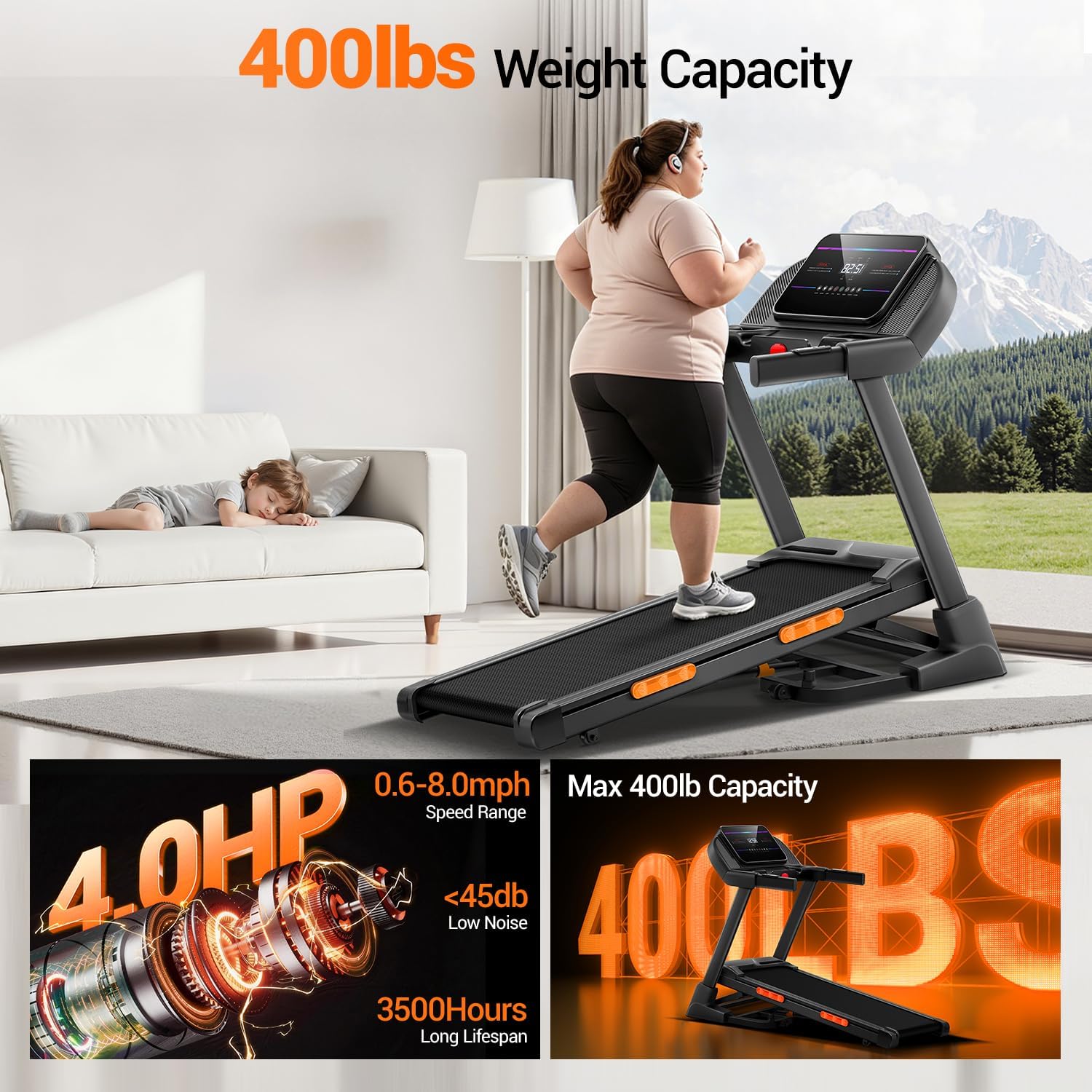 CURSOR FITNESS Foldable Treadmill with 20% Auto Incline (20 Levels), Treadmills for Home Auto Folding 400LBS Weight Capacity, 4.0HP Quiet Brushless, Max Speed 8.0MPH