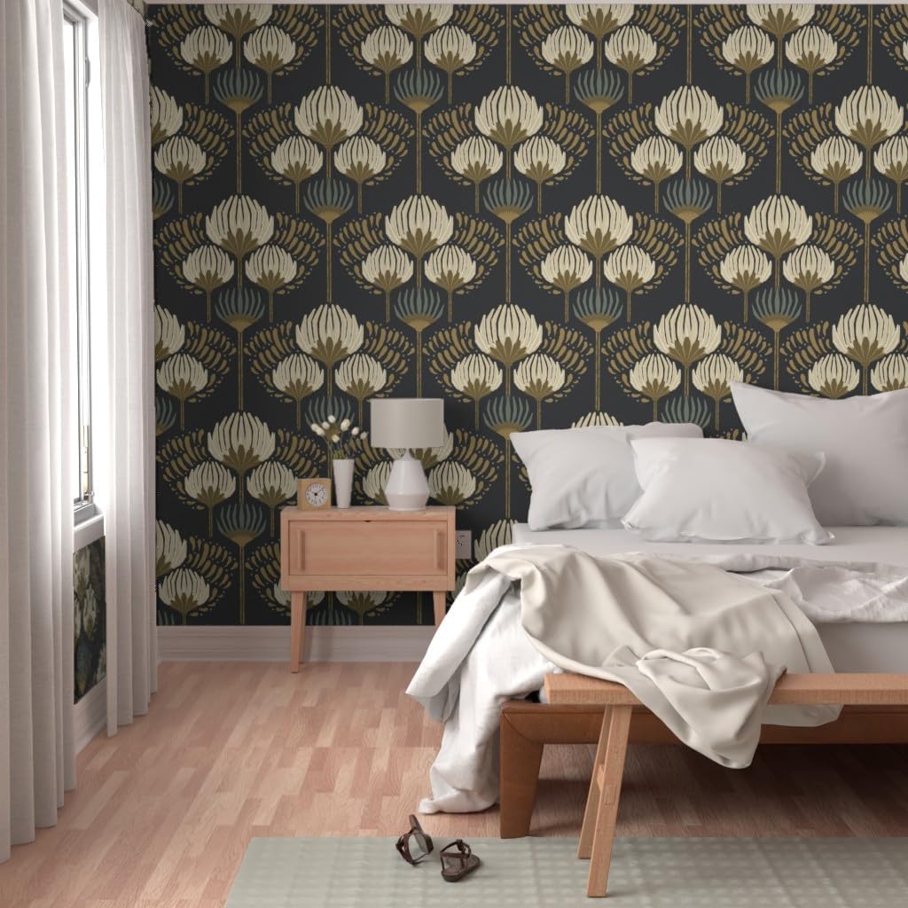 Spoonflower Removable Wallpaper Swatch - Hollywood Regency Neutral Floral Large Scale Vintage Art Deco Cream Bronze Black Custom Pre-Pasted Wallpaper