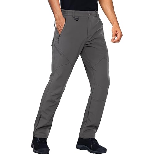 Stlight Mens Snow Ski Water Repellent Softshell Pants for Winter Hiking Fleece Lined Bottom Leg Zipper with 6 Zip Pockets
