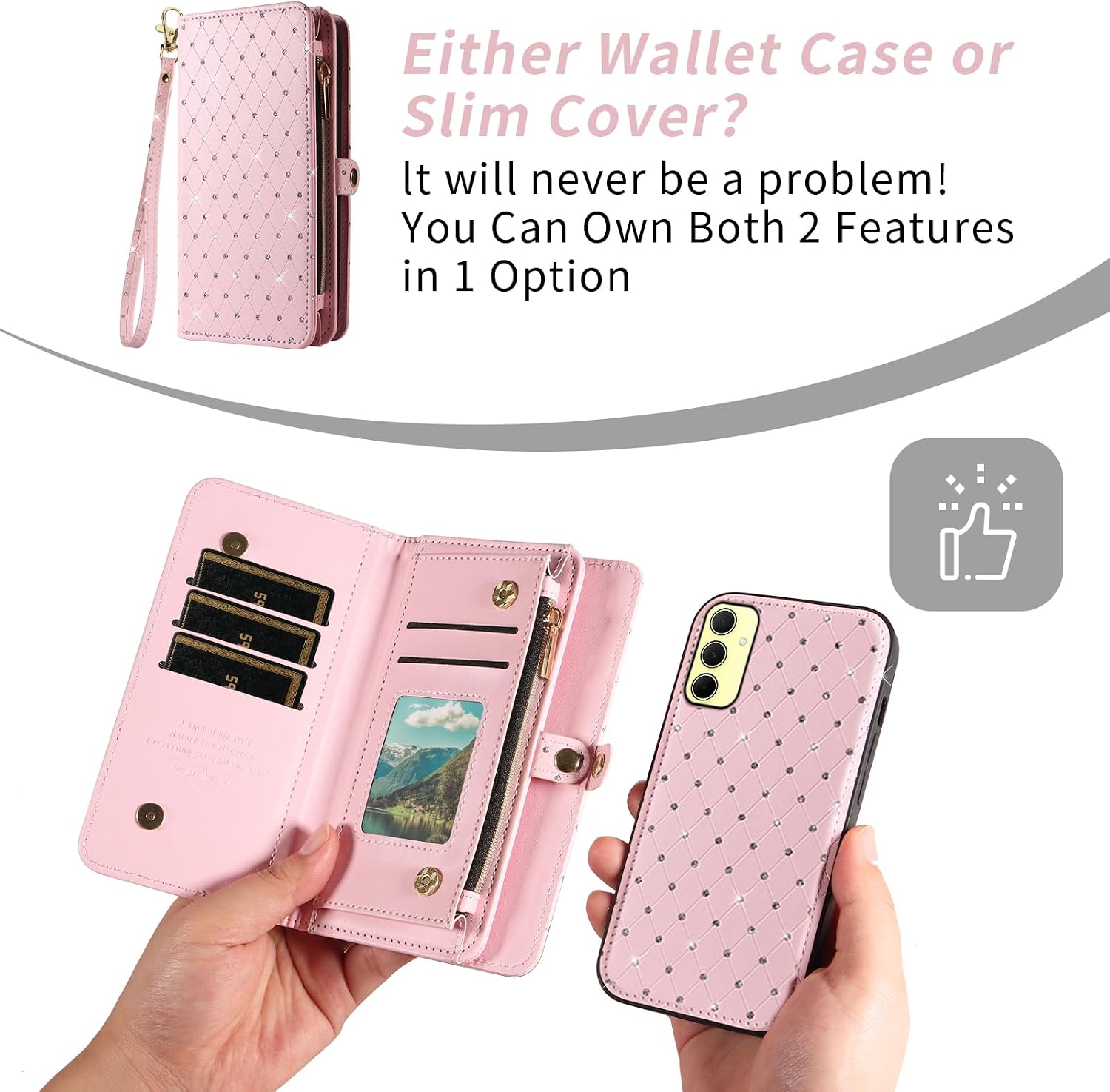 Asuwish Phone Case for Samsung Galaxy A35 5G Zipper Wallet Detachable Cell Cover with Tempered Glass Screen Protector Crossbody Lanyard Strap Glitter Flip Card Holder Slot A 35 35A A355G Women Pink