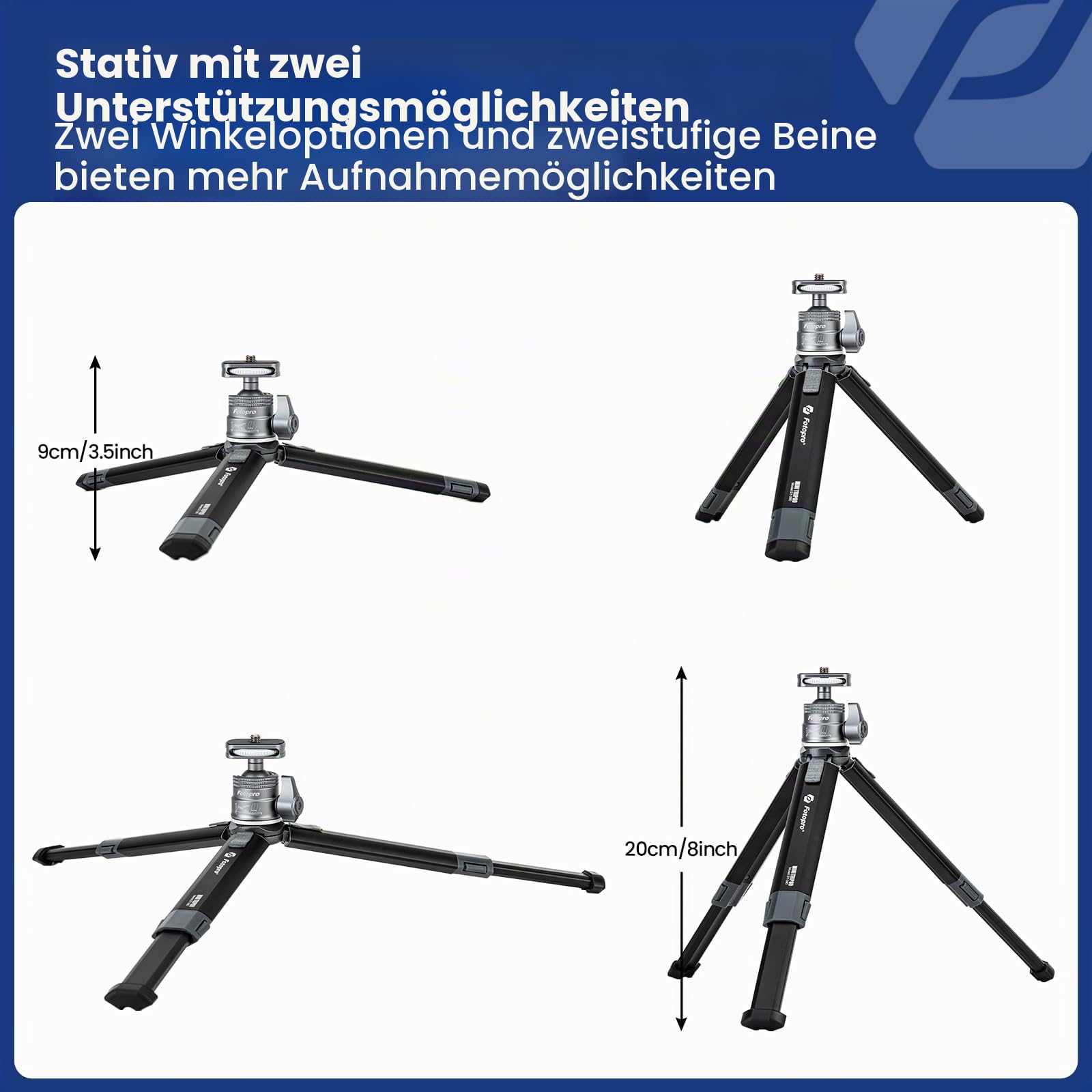 Fotopro Mini Kamera Stativ Kit, ausziehbare kleine Desktop mit Carbon Fiber 3 Abschnitt Mitte Cloum Ball Head Adapter Handy Stativ für Phone Kamera (with Extension)