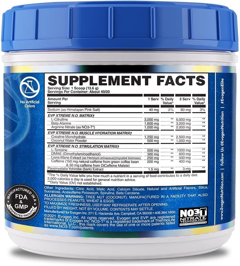 Evogen EVP Xtreme NO | Arginine Nitrate, Beta-Alanine, Citrulline Pre-Workout, Nitric Oxide, Muscle Pump | 40 Servings | Sour Candy