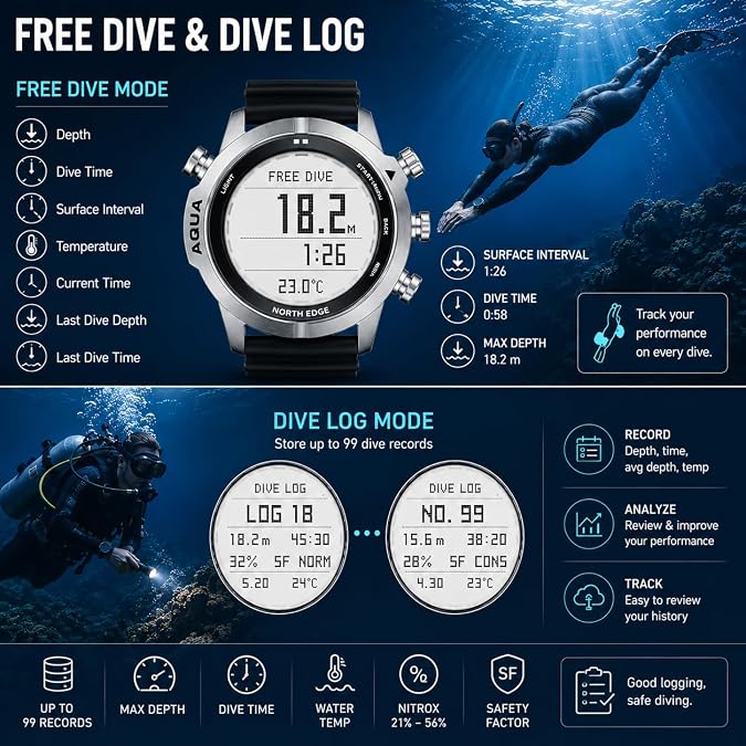 NORTH EDGE Aqua Dive Computer Watch for Men, 100M Waterproof Scuba Diving Watch with NDL, Air/Nitrox/Gauge Modes, 50M Depth Display, Compass, Altimeter, Barometer, Dive Log, Silicone Strap