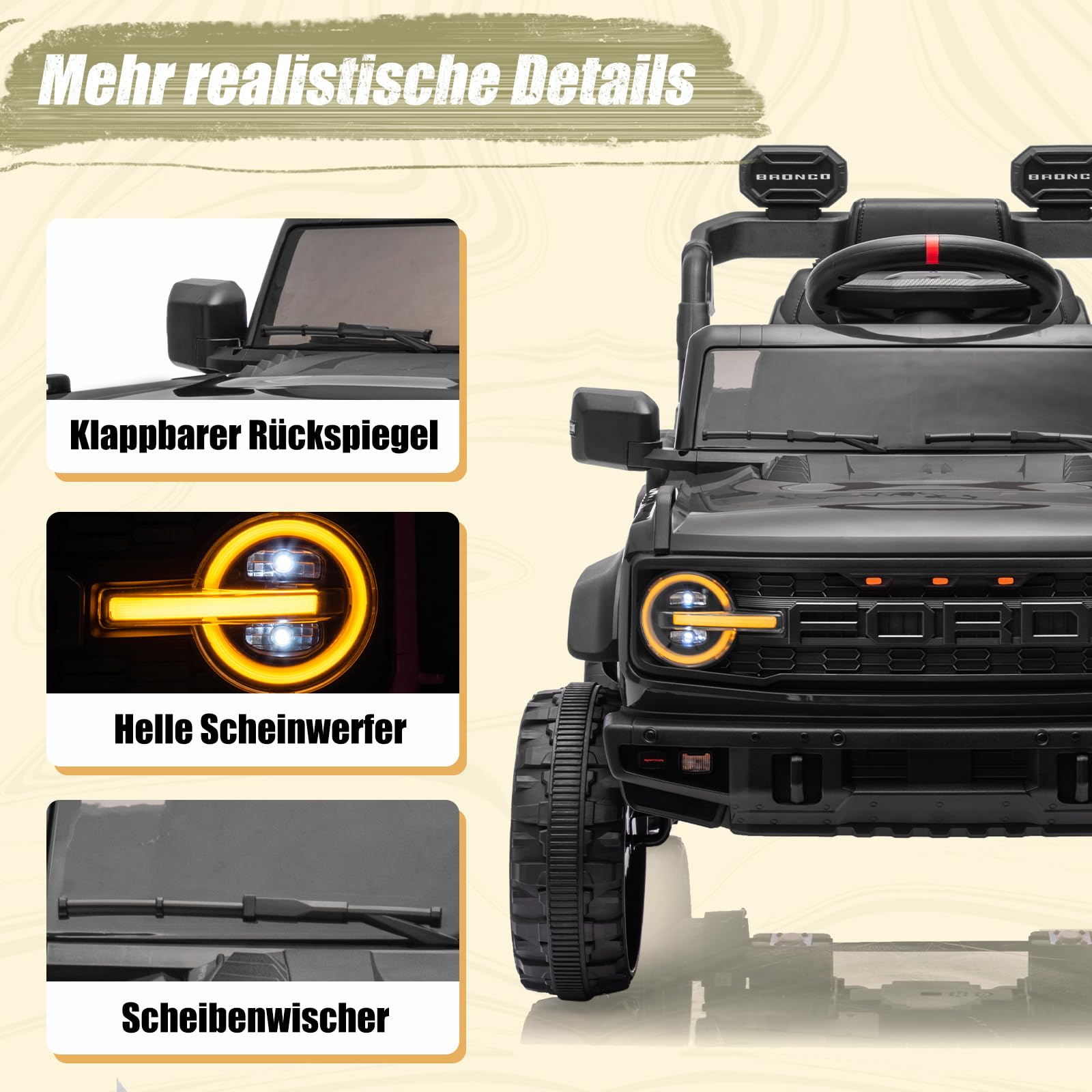 12V Kinder Elektroauto, Lizenziertes Ford Bronco Raptor Elektrofahrzeug, Auto mit Fernbedienung, 4-Rad-Federung, LED-Licht, Bluetooth, 3 Geschwindigkeiten (Schwarz)