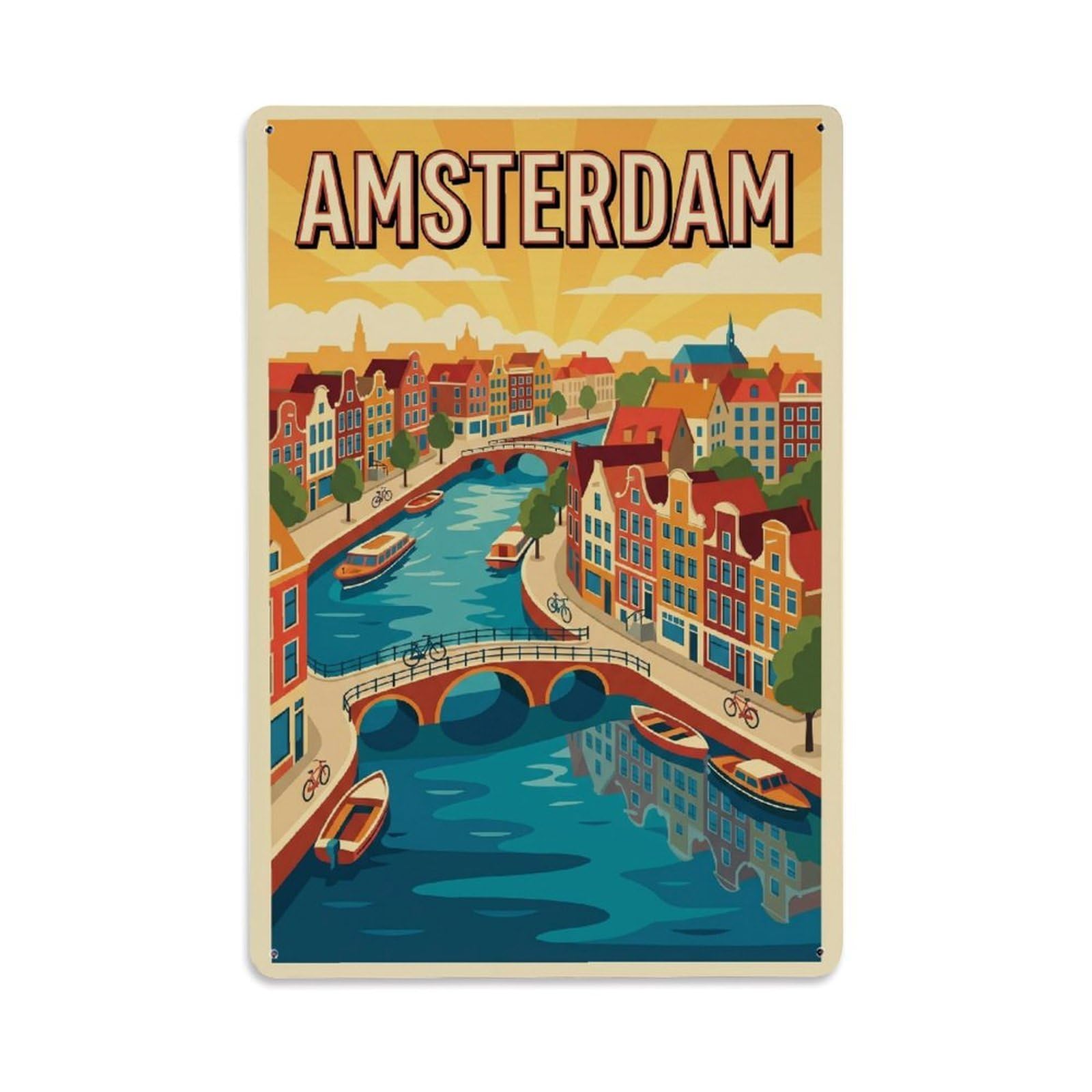 Canal Esplanade Vintage Amsterdam Waterfront Tourism Metal Tin Sign Plaque Wall Decor for Cafe, Man Cave, Club Bar, Office, Home Garden Round Metal Poster 8x12Inch