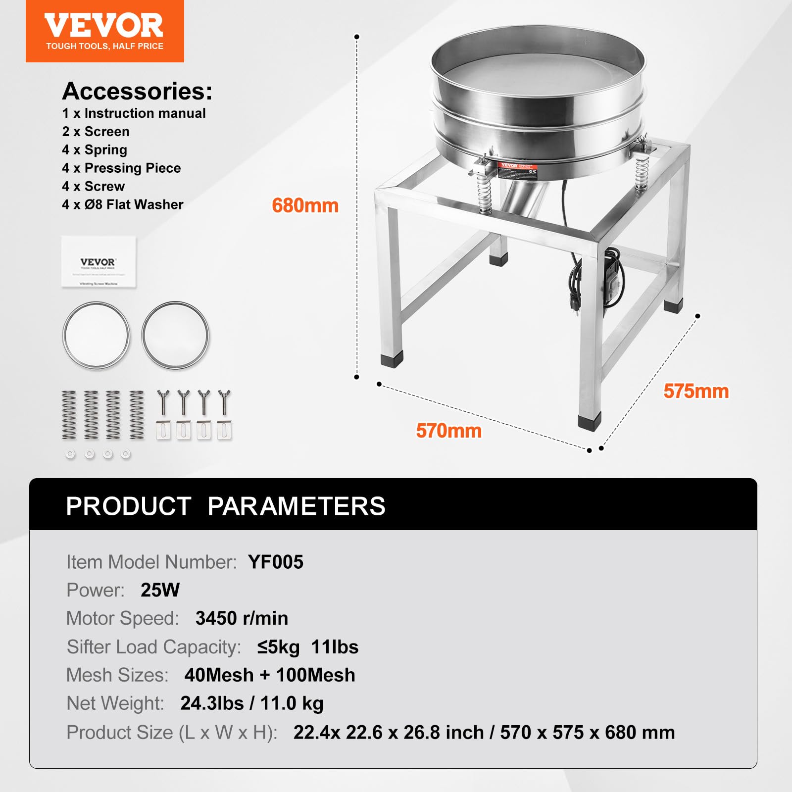 VEVOR Tamiz Vibratorio Eléctrico Automático de Acero Inoxidable con Malla 40+100, 25 W con Soporte y Ruedas, para Harina en Polvo, Frijol Mungo, Arroz, Mijo, 570 x 575 x 680 mm, 3450 r/min, Plata