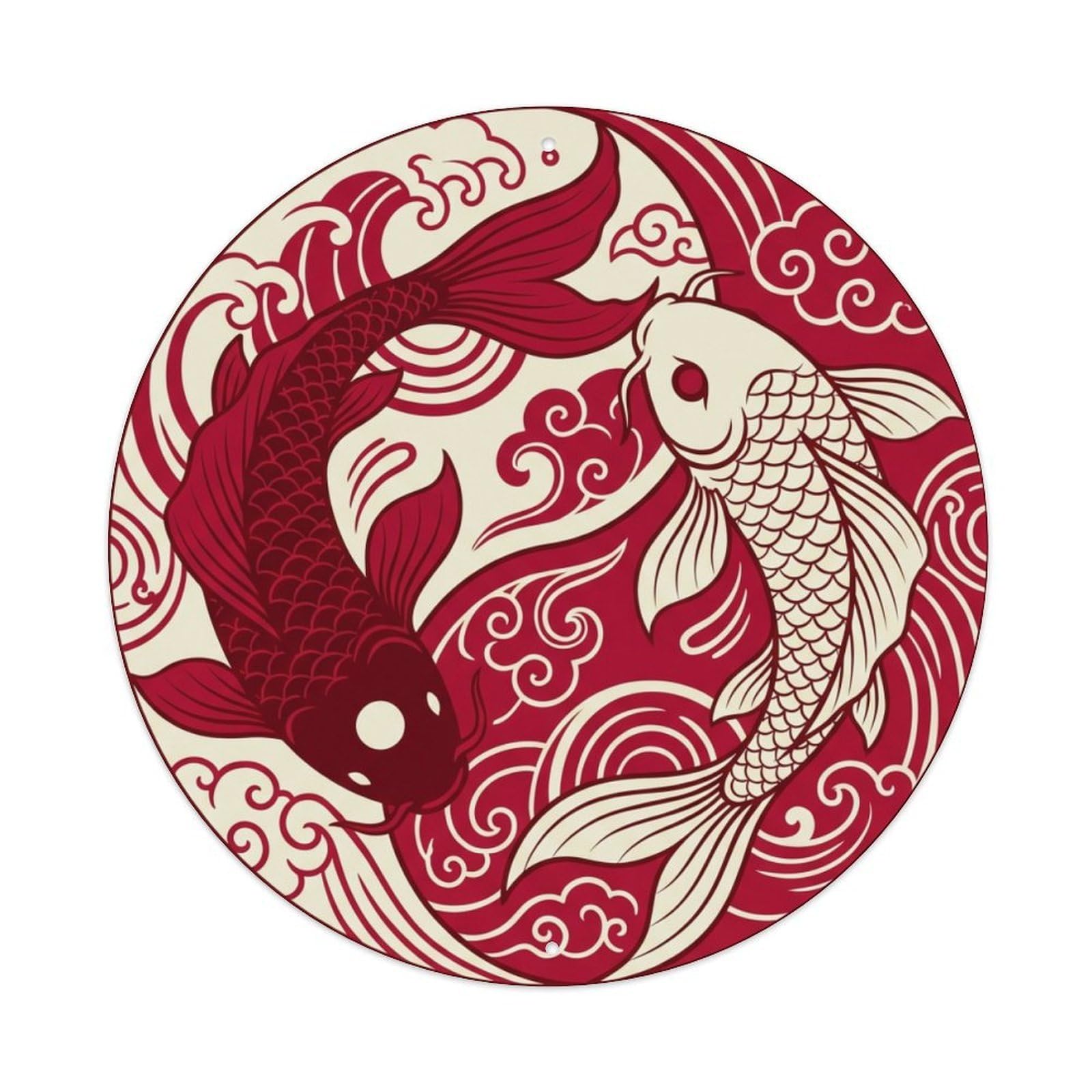 Metal Tin Sign Tai Chi Koi Fish Crimson Ivory