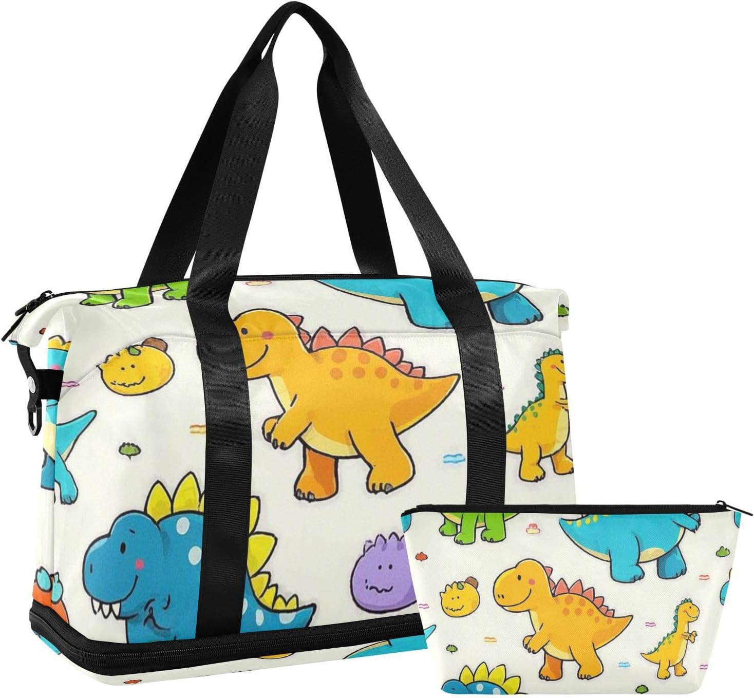 Beige Cute Dinosaur Gym Tote Bag Large Carry On Airport Bag with Adjustable Strap for Gym Waterproof