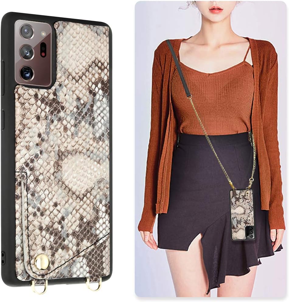 JLFCH Note 20 Ultra Wallet Case, Note20 Ultra Card Case, Samsung Galaxy Note20 Ultra Crossbody Case with Card Slot Holder Shoulder Chain Strap Purse for Galaxy Note 20 Ultra 6.9 inch - Snake Khaki