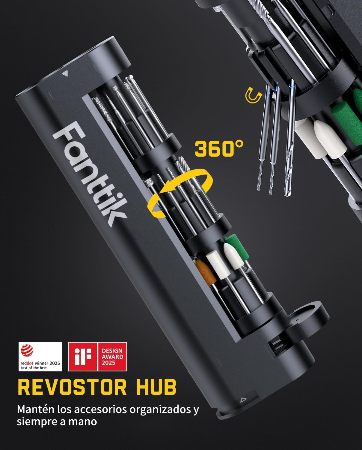 Kit Herramienta Rotativa Inalámbrica Fanttik F2 Master Mini, Motor NeoPulse, 5 Velocidades, 25.000 RPM, 35 Accesorios Con Base Revostor, Grabador, Lijado 3D, Pulido, Perforación y DIY
