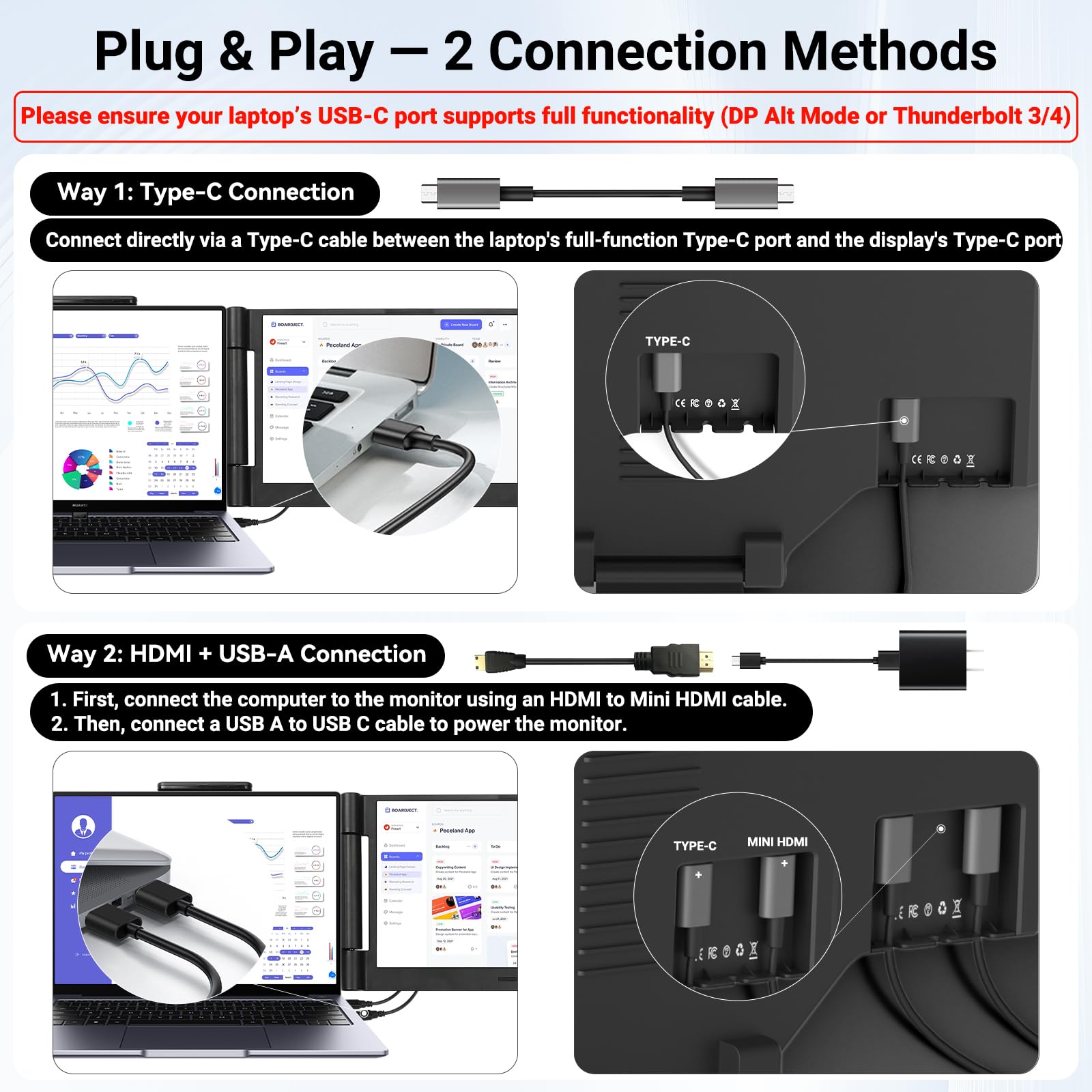 Laptop Screen Extender 14.1" 1080P IPS, Dual Screen Portable Monitor for Laptop 13-17.3", Plug & Play Monitor Extender with USB-C/HDMI, Travel Monitor for Work & Home Office Mac/Windows/Chrome/Android - 3
