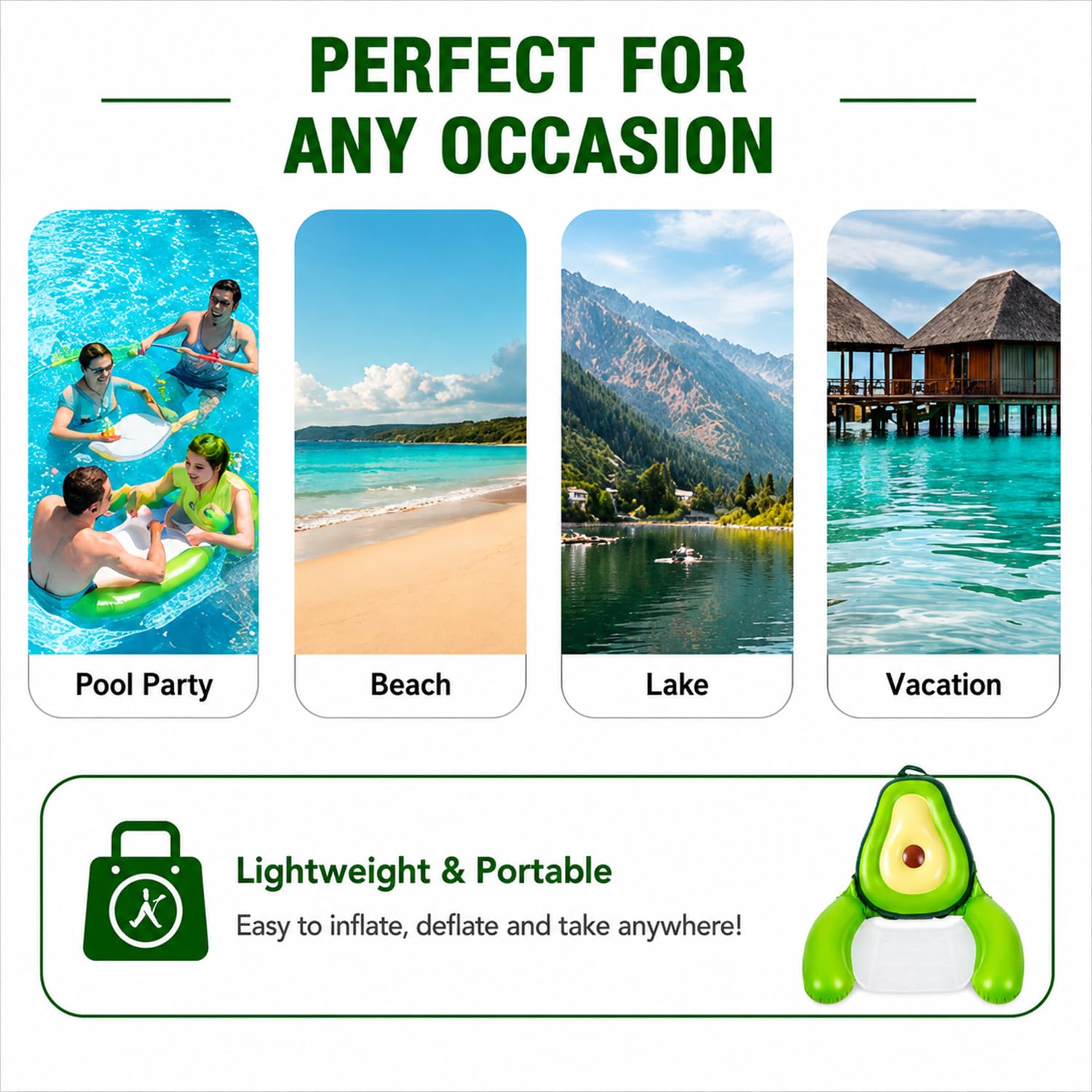 Poltrona Galleggiante Gonfiabile a Forma di Avocado per Piscina, Sedile in Rete con Braccioli, Galleggiante da Acqua per Adulti, Spiaggia, Lago, Party e Relax Estivo