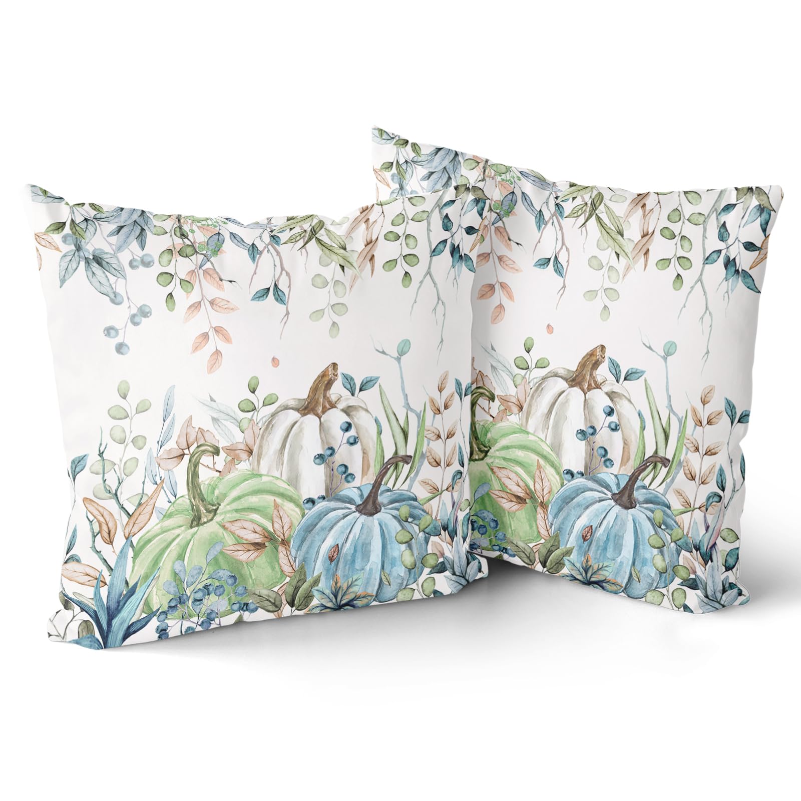 Giwawa Fall Pillow Covers Set of 2 18x18 Inch Green Blue Pumpkins Autumn Leaves Thanksgiving Cushion Covers Farmhouse