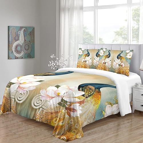 Miniatura 4 de Funda de edredón dorada con estampado de pavo real de jardín, diseño de doble cara, azul pavo real, ropa de cama de tres piezas con cremallera
