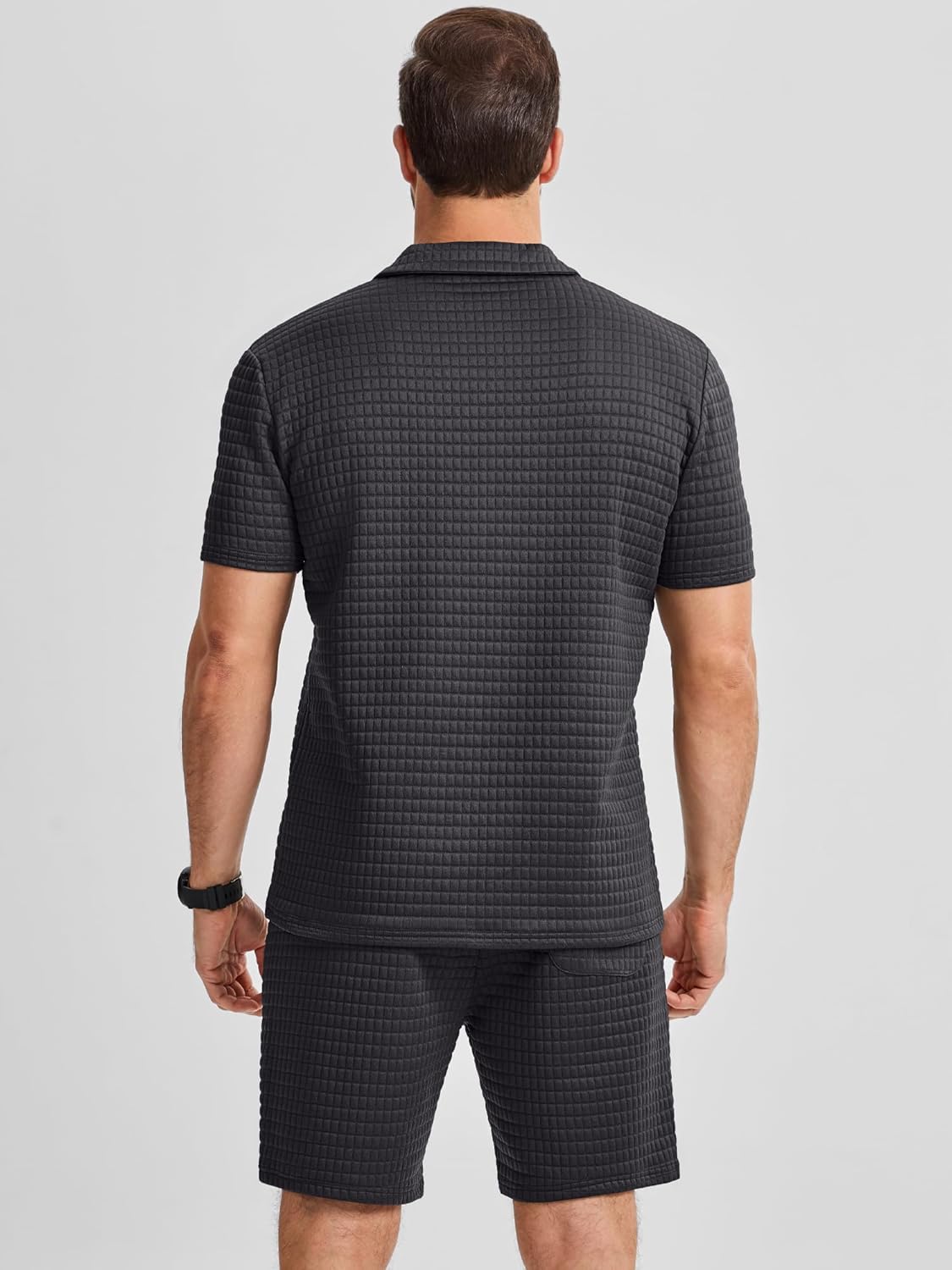 JMIERR Men's 2 Piece Waffle Knit Outfit Half Zip Polo Shirt and Shorts Textured Summer Set - Image 5