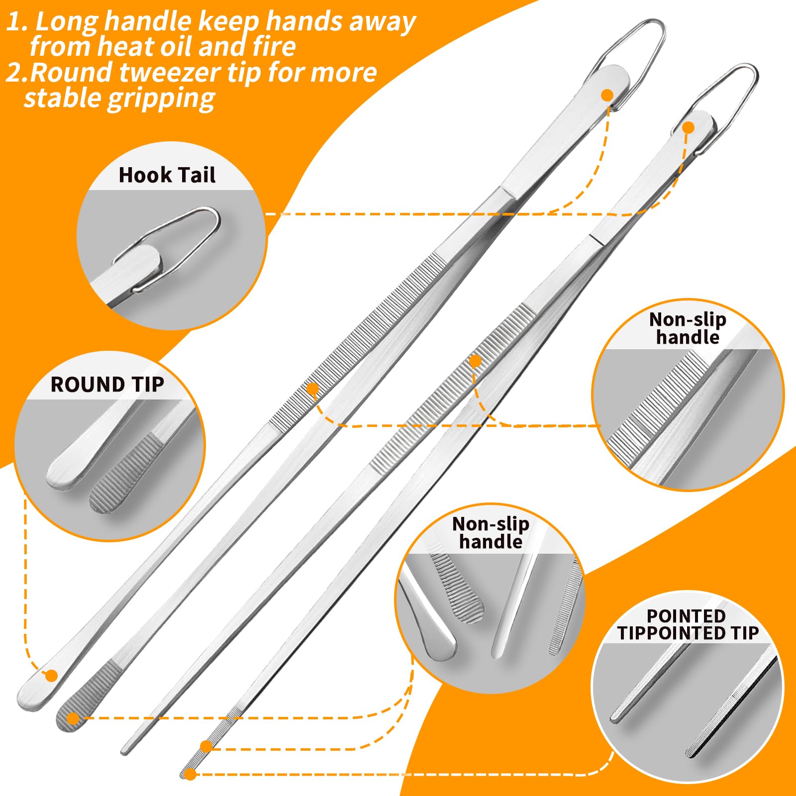 SuproBarware Stainless Steel Cooking Tweezers Set of 5-12inch and 6.4inch, Kitchen Tweezers, Pasta Tongs, Thin and Skinny Tongs for Cooking, Food Tweezers, Food Tongs, Chef Tongs Tweezers, Spaghet