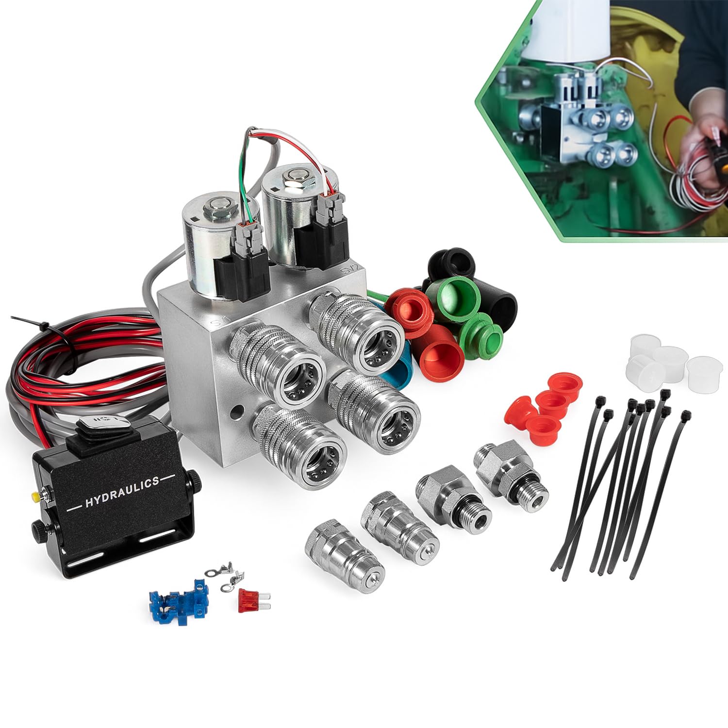Hydraulic Multiplier Valve Kit | 2-Circuit SCV Splitter Diverter Manifold with Rocker Switch, Quick-Connect Couplers & Fittings 20 GPM, 3000 PSI