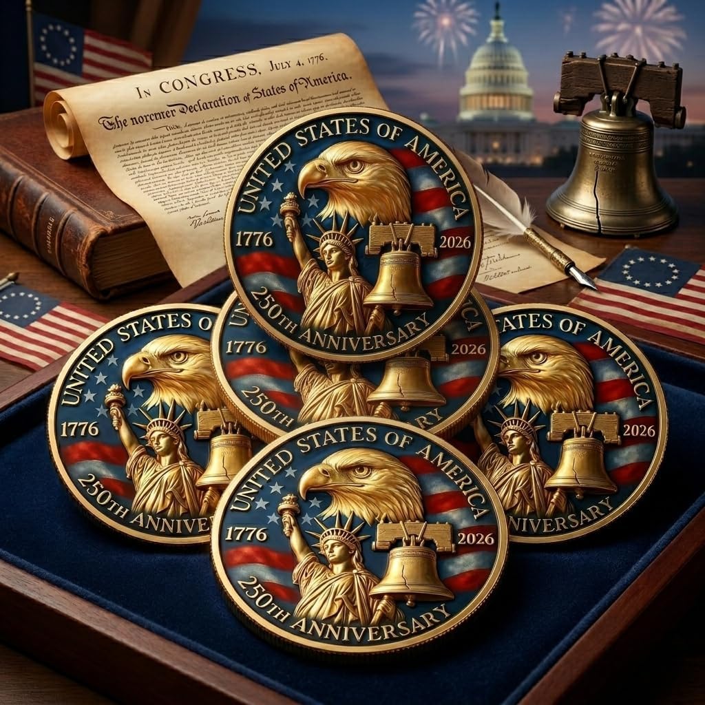 Juego de monedas conmemorativas de la libertad del 250 aniversario de 5 piezas (1776-2025) - Moneda de desafío militar del Capitolio de EE. UU. y águila grabada en 3D, medalla coleccionable