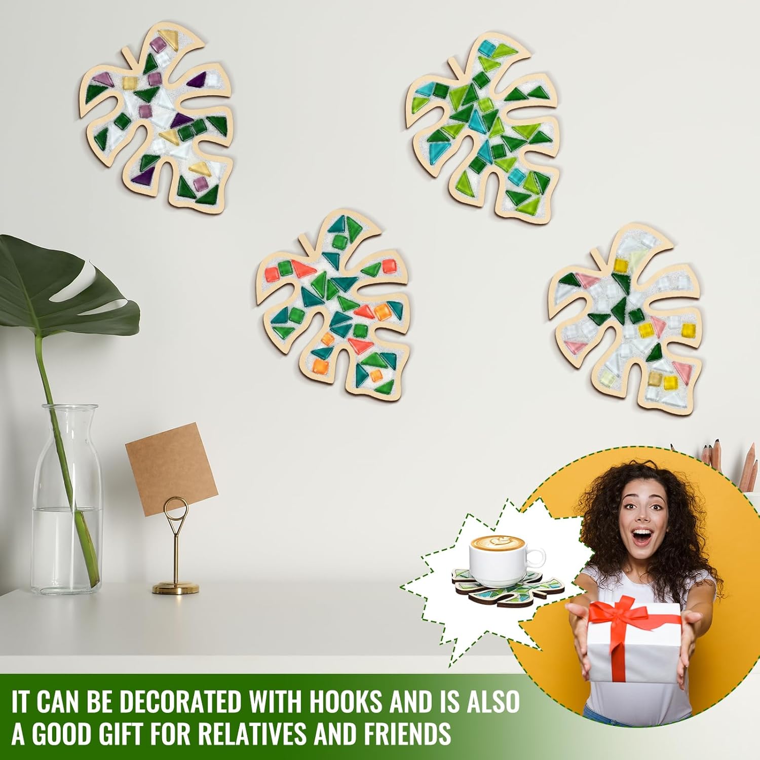 Honeydak 6 Sets DIY Leaves Glass Mosaic Tiles with 6 Sets Leaves Wooden Coasters Making Mosaic Crafts Materials Package Mixed Stained Glass Kit for Handmade Colourful Home Gifts Indoor Decor