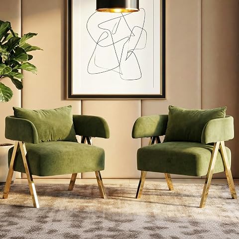 Modern Green Velvet Accent Chairs Set of 2, Barrel Armchairs for Living Room