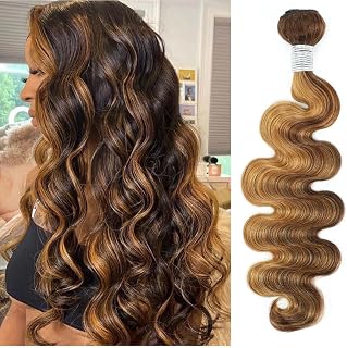 ALHER Color #4/27 Honey Blonde Highlight Bundles Body Wave 22 Inch | Single Bundle,12A 100% Brazilian Virgin Remy Human Hair, Soft Thick Wavy Hair, Sew In Weave, Ombre Brown Balayage Piano Color